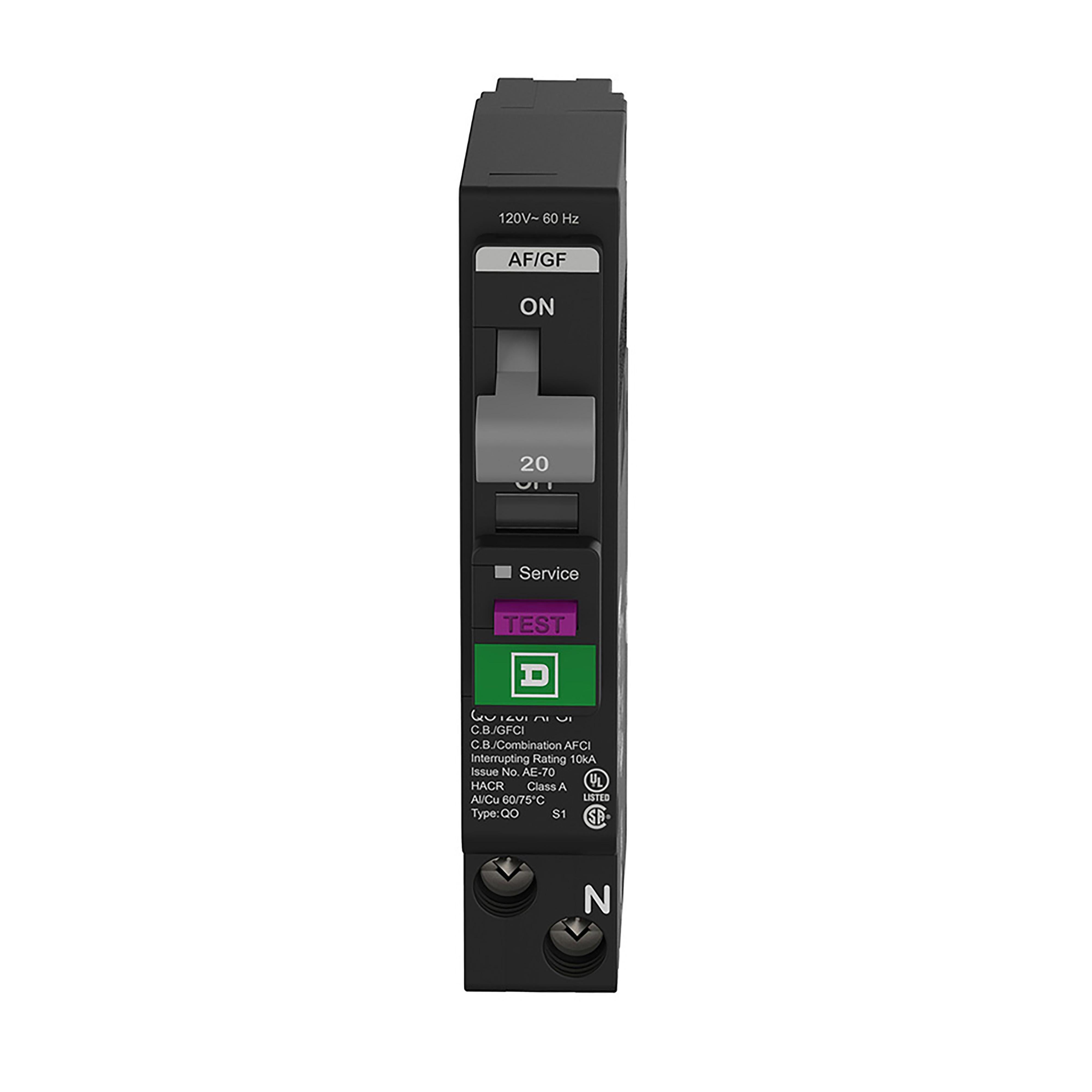 QO120PAFGF - [TAA] Mini circuit breaker, QO, 20A, 1 pole, 120VAC, 10kA, plug in, combo ARC fault, 6mA grd fault A, plug on neutral