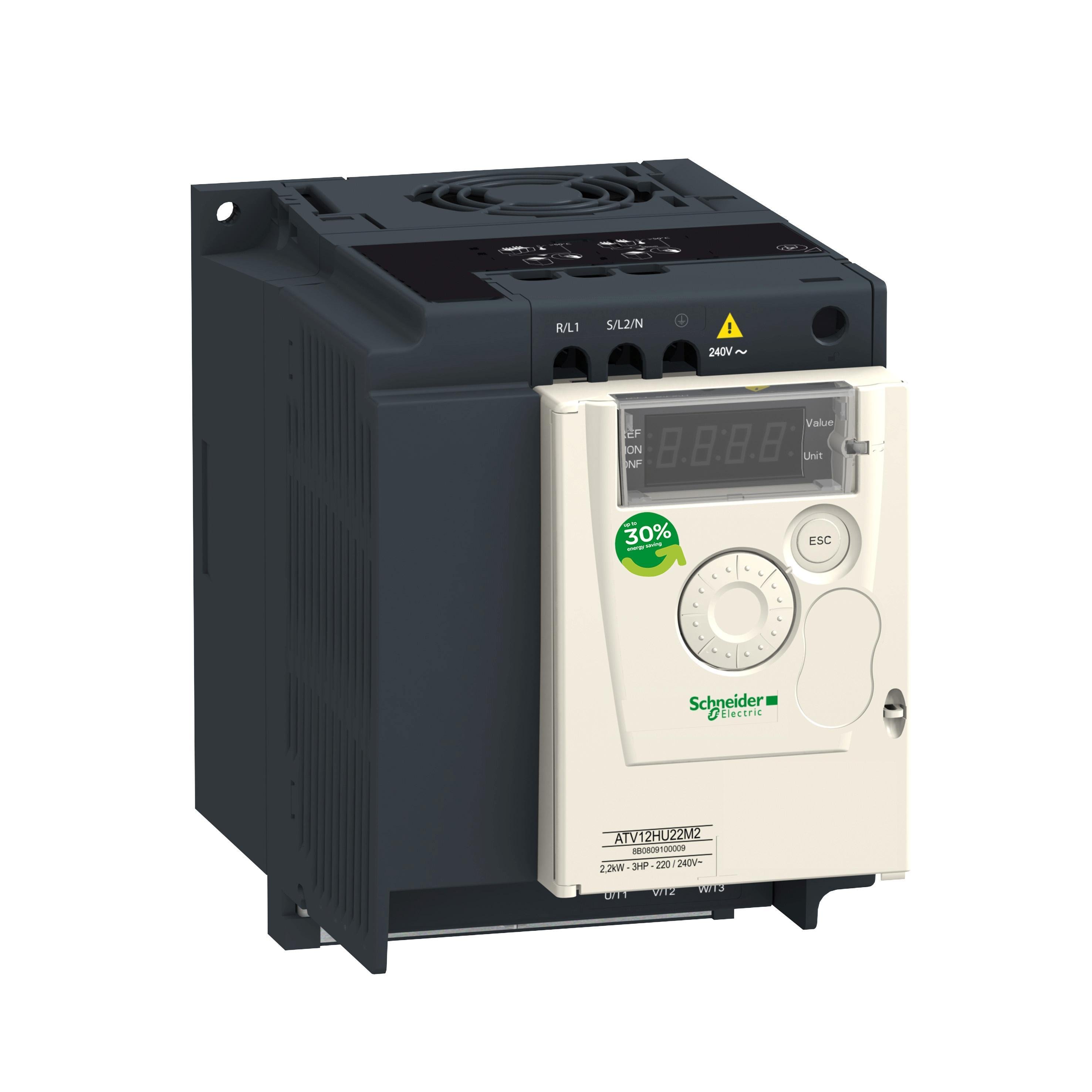 ATV12HU15M3 - variable speed drive, Altivar 12, 1.5kW, 2hp, 200 to 240V, 3 phases, with heat sink