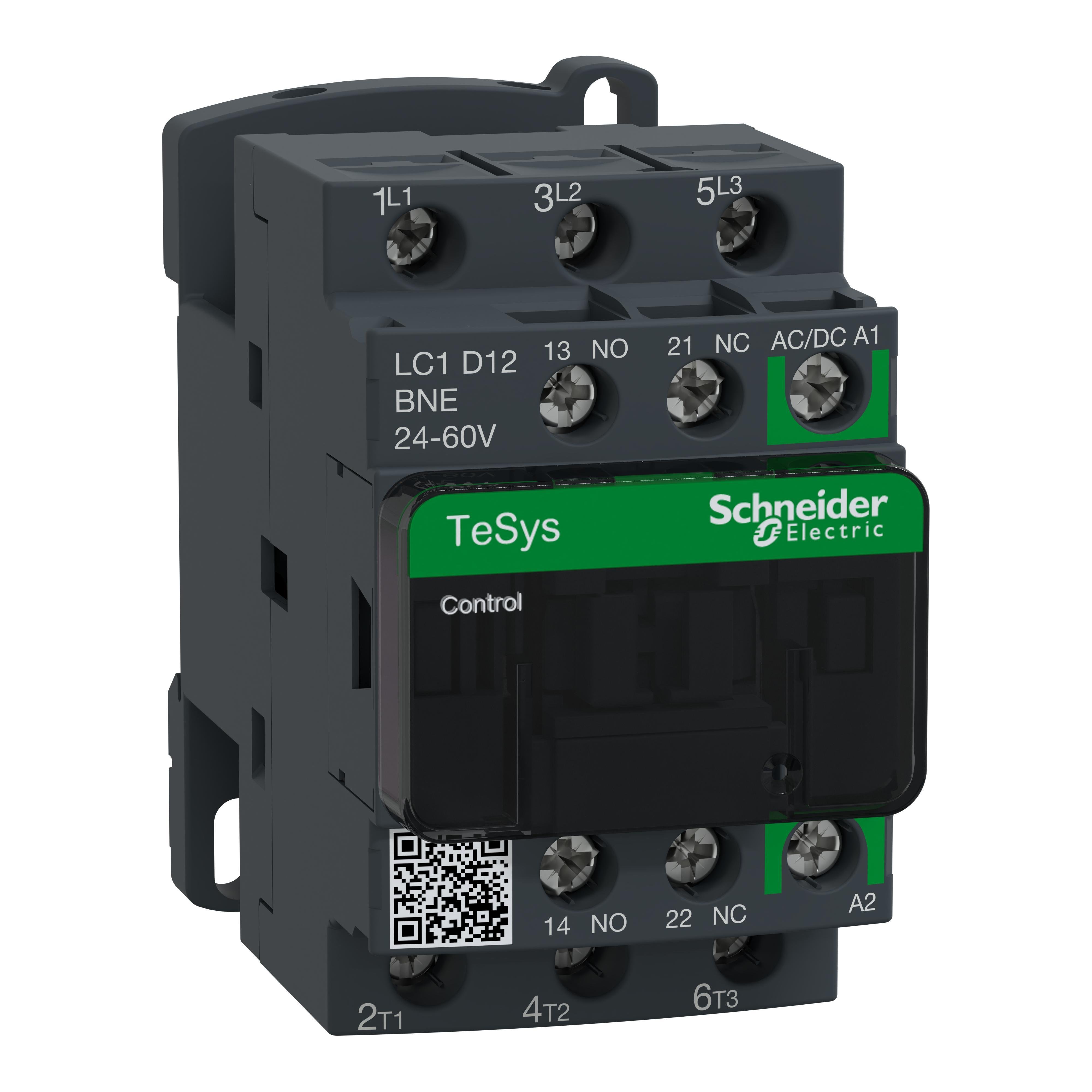 LC1D12BNE - IEC contactor, TeSys Deca, nonreversing, 12A, 7.5HP at 480VAC, up to 100kA SCCR, 3 phase, 3 NO, 24/60VAC/VDC coil