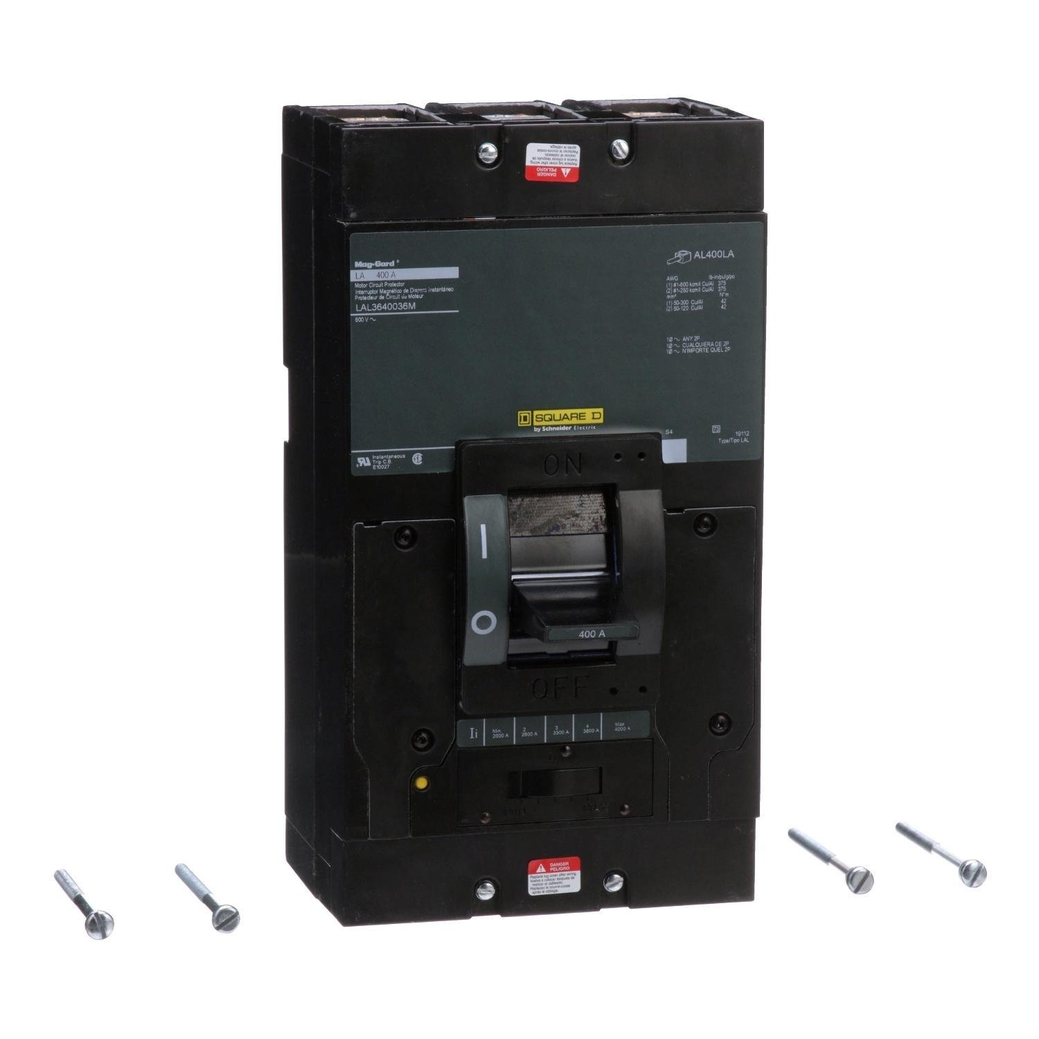 Picture of LAL3640036M - Motor circuit protector, LA, 400A, 3 pole, 600VAC, 22kA, 250VDC, 10kA, lugs, magnetic