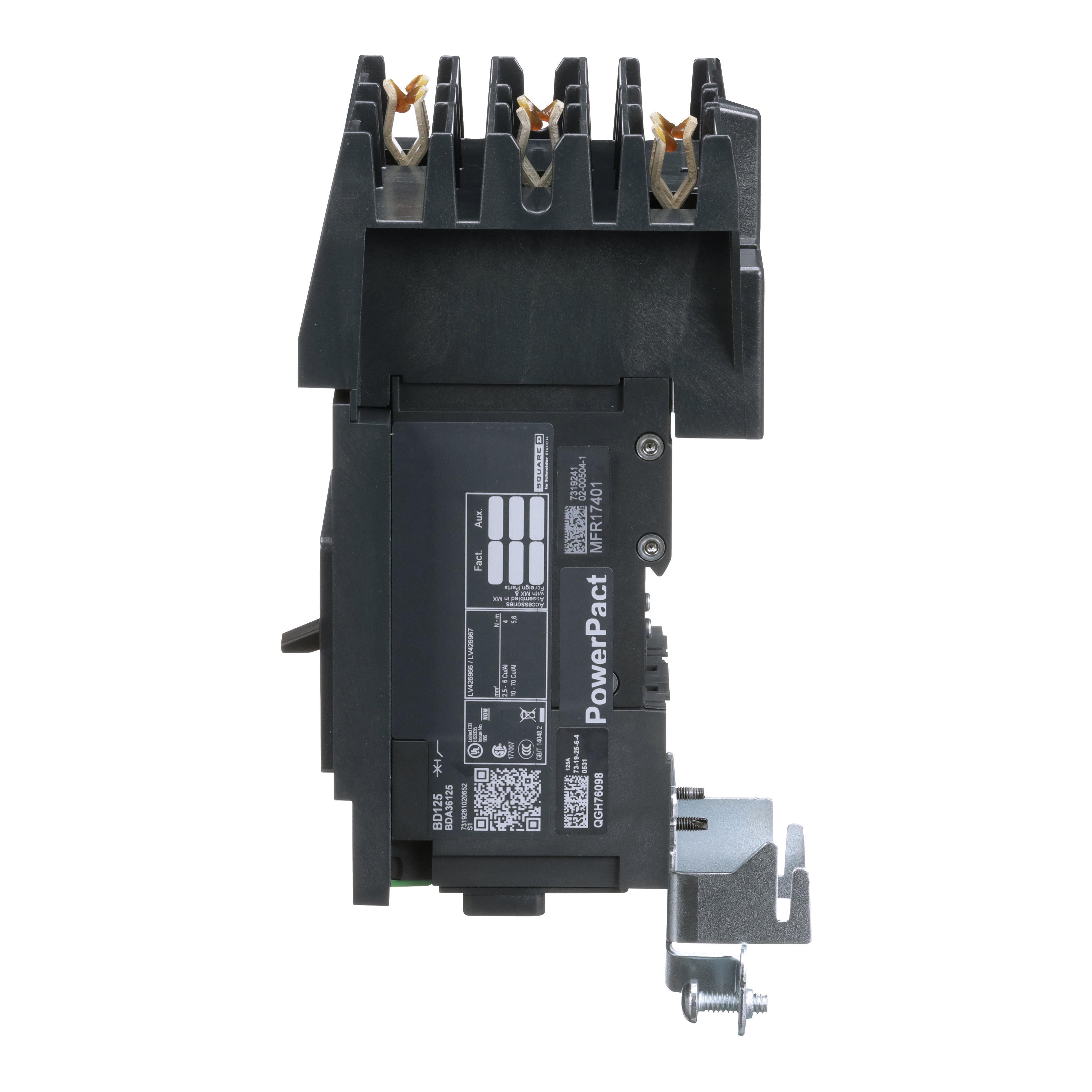 Picture of BDA36125 - Circuit breaker, PowerPacT B, 125A, 3 pole, 600Y/347VAC, 14kA, I-Line, thermal magnetic, 80%, ABC