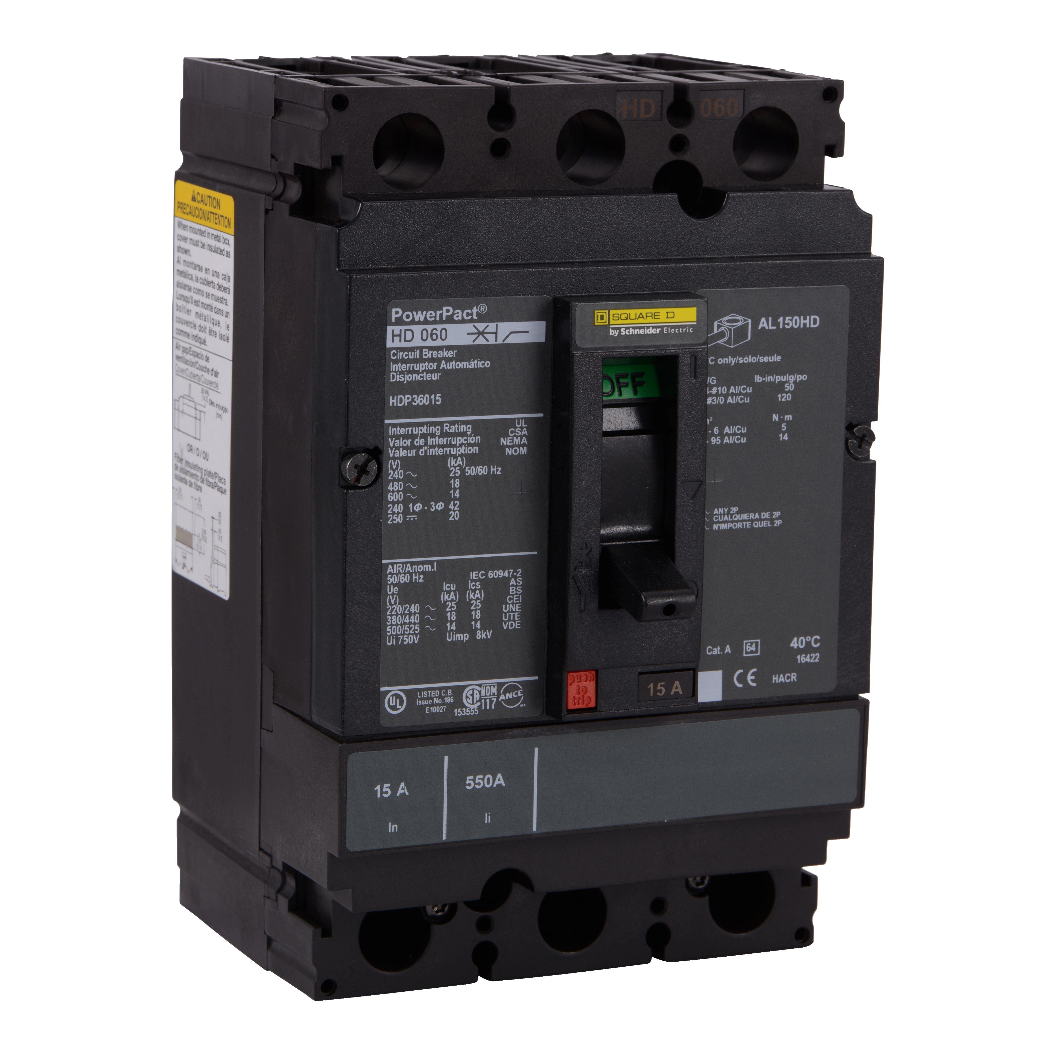 HDP36100 - Circuit breaker, PowerPacT H, 100A, 3 pole, 600VAC, 14kA, lugs, thermal magnetic, 80%