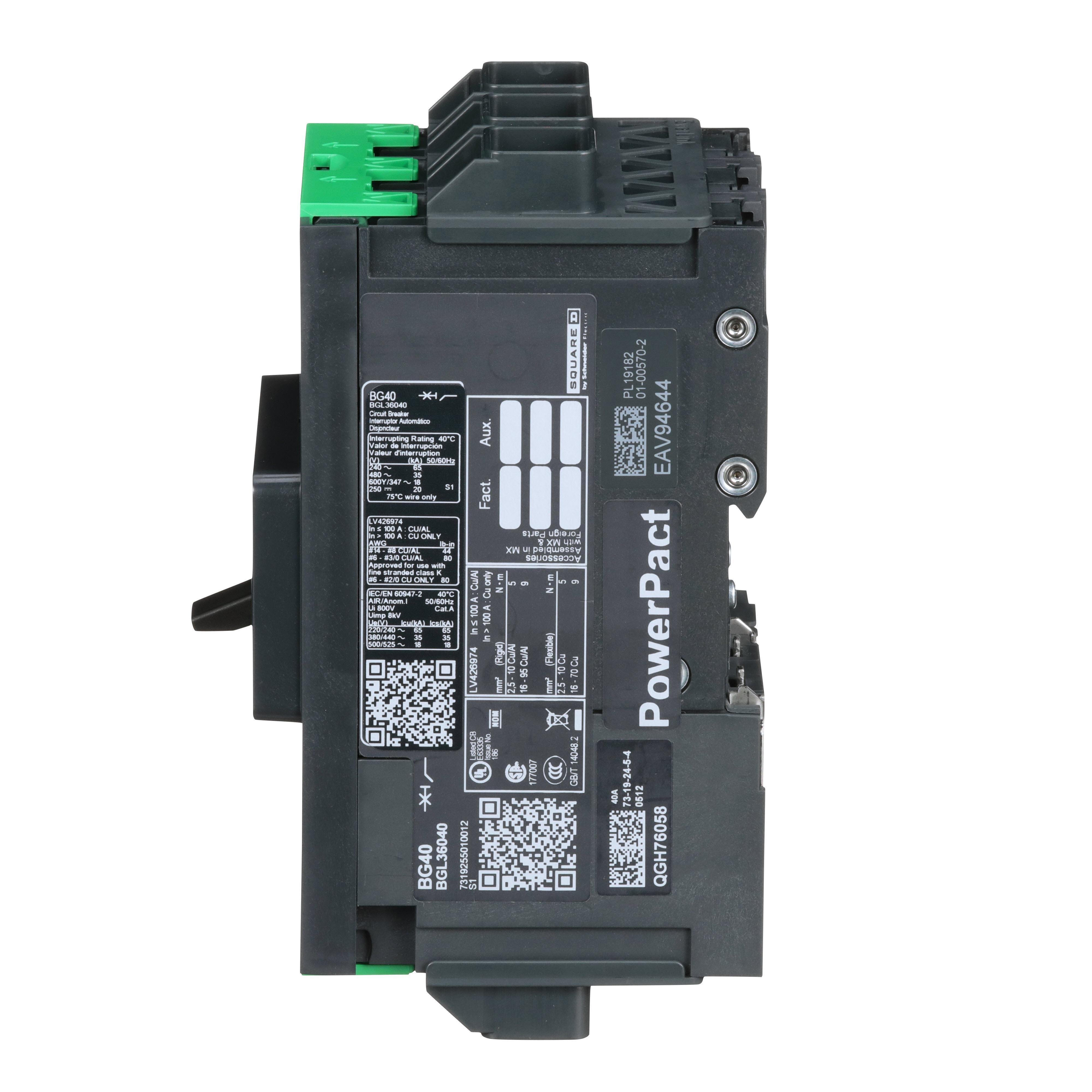 Picture of BGL36040 - Circuit breaker, PowerPacT B, 40A, 3 pole, 600Y/347VAC, 18kA, lugs, thermal magnetic, 80%