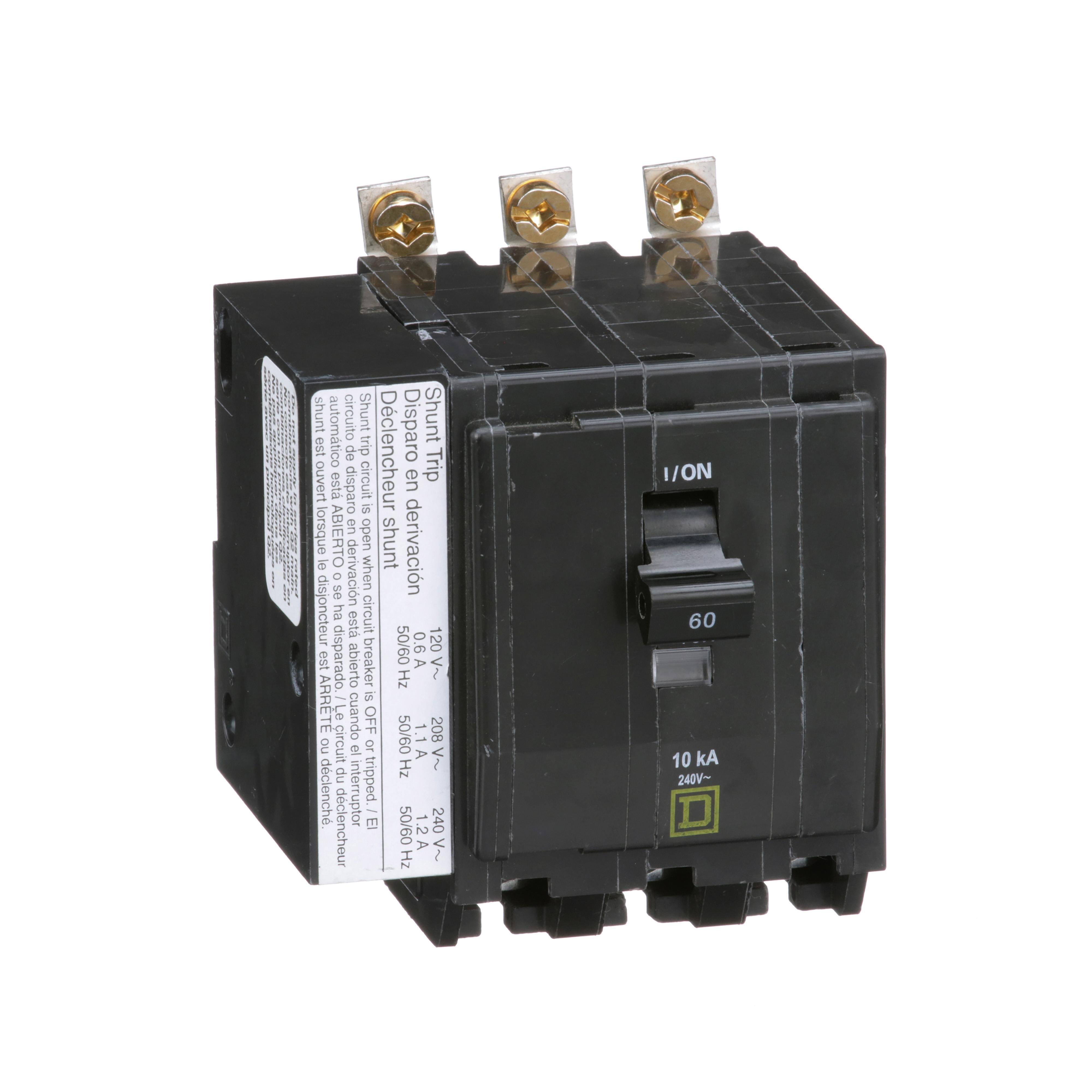 Picture of QOB3601021 - Mini circuit breaker, QO, 60A, 3 pole, 120/240VAC, 10kA, bolt on, AC shunt