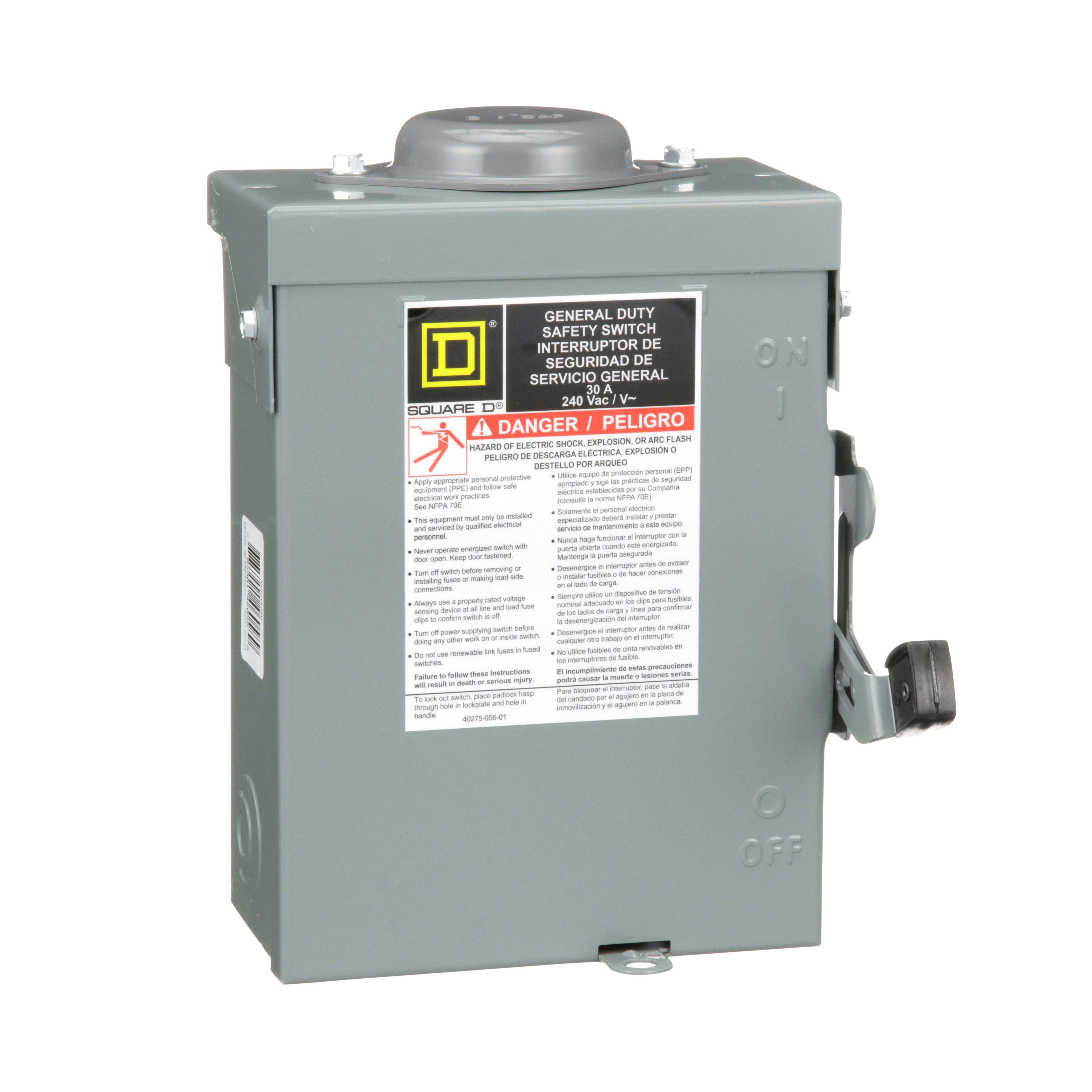 DU222RB - Safety switch, general duty, non fusible, 60A, 2 pole, 10hp, 240VAC, NEMA 3R, bolt on provision