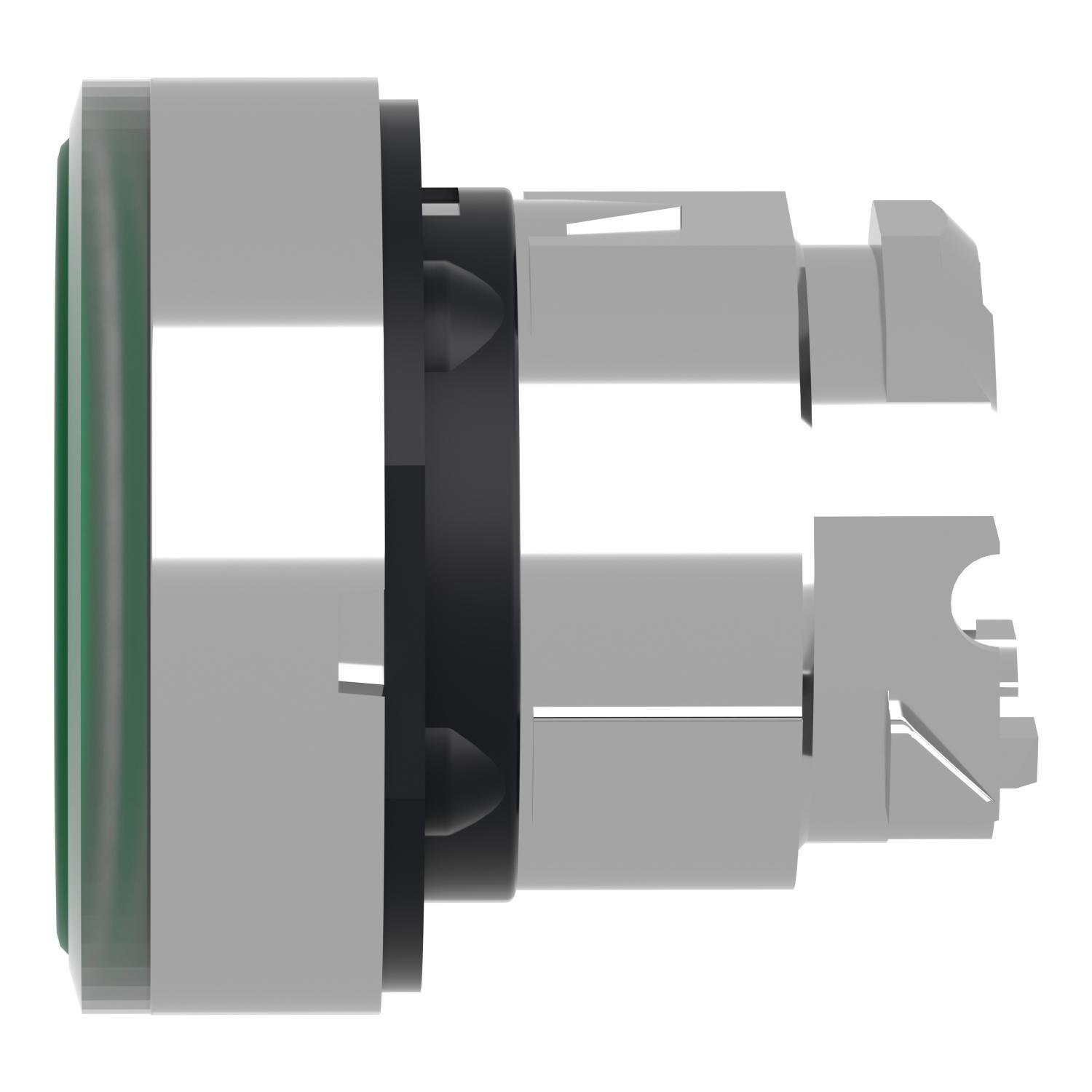 Picture of ZB4BW333 - Head for illuminated push button, Harmony XB4, metal, green flush, 22mm, universal LED, spring return, plan lens