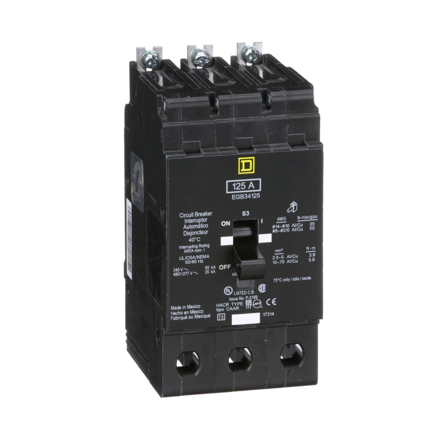 Picture of EGB34125 - Mini circuit breaker, E-Frame, 125A, 3 pole, 480Y/277VAC, 65kA max, bolt on [TAA]