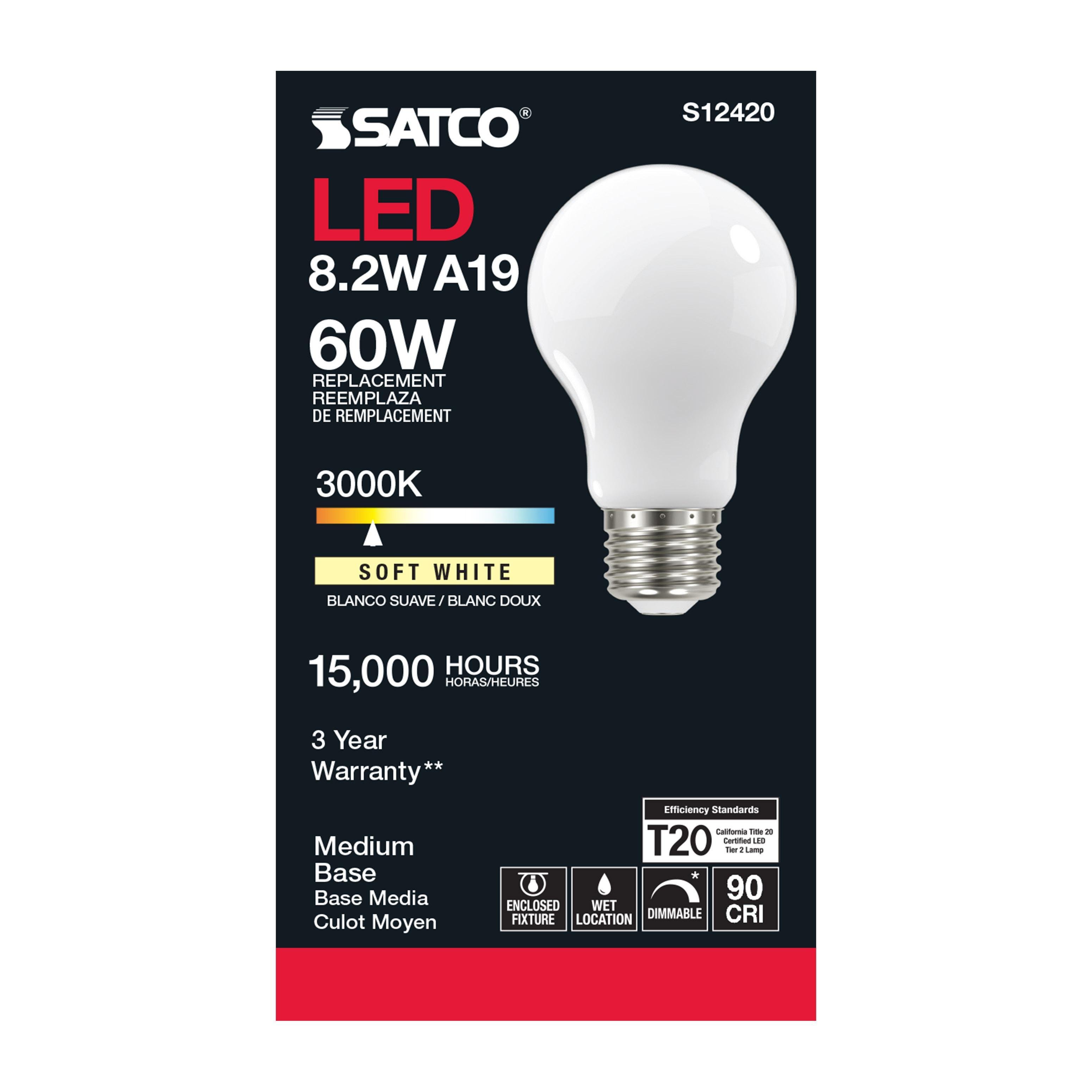 Picture of S12420 - 8.2 Watt LED A19 - Soft White - Medium Base - 3000K - 90 CRI - 120 Volt