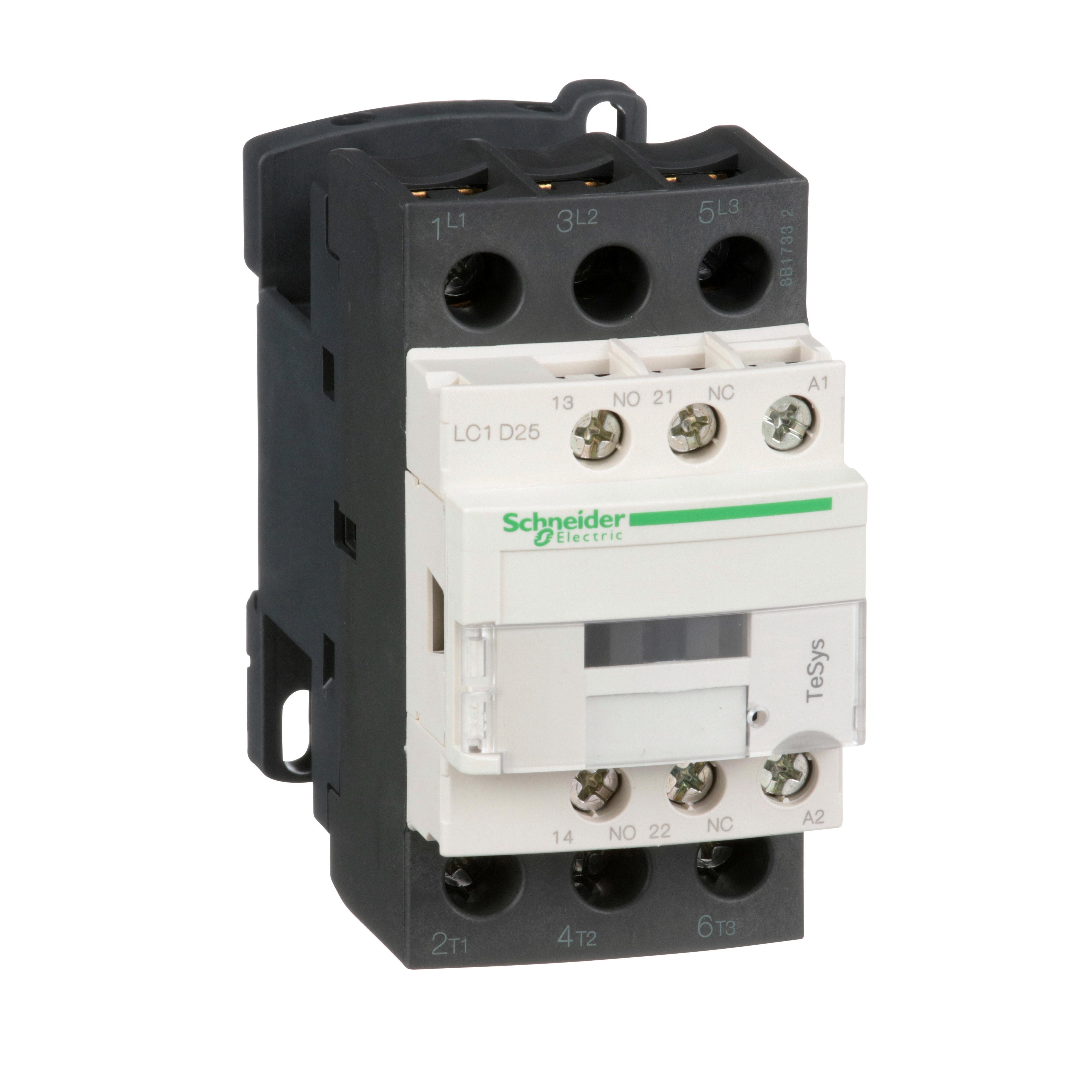LC1D25G7 - IEC contactor, TeSys Deca, nonreversing, 25A, 15HP at 480VAC, up to 100kA SCCR, 3 phase, 3 NO, 120VAC 50/60Hz coil, open