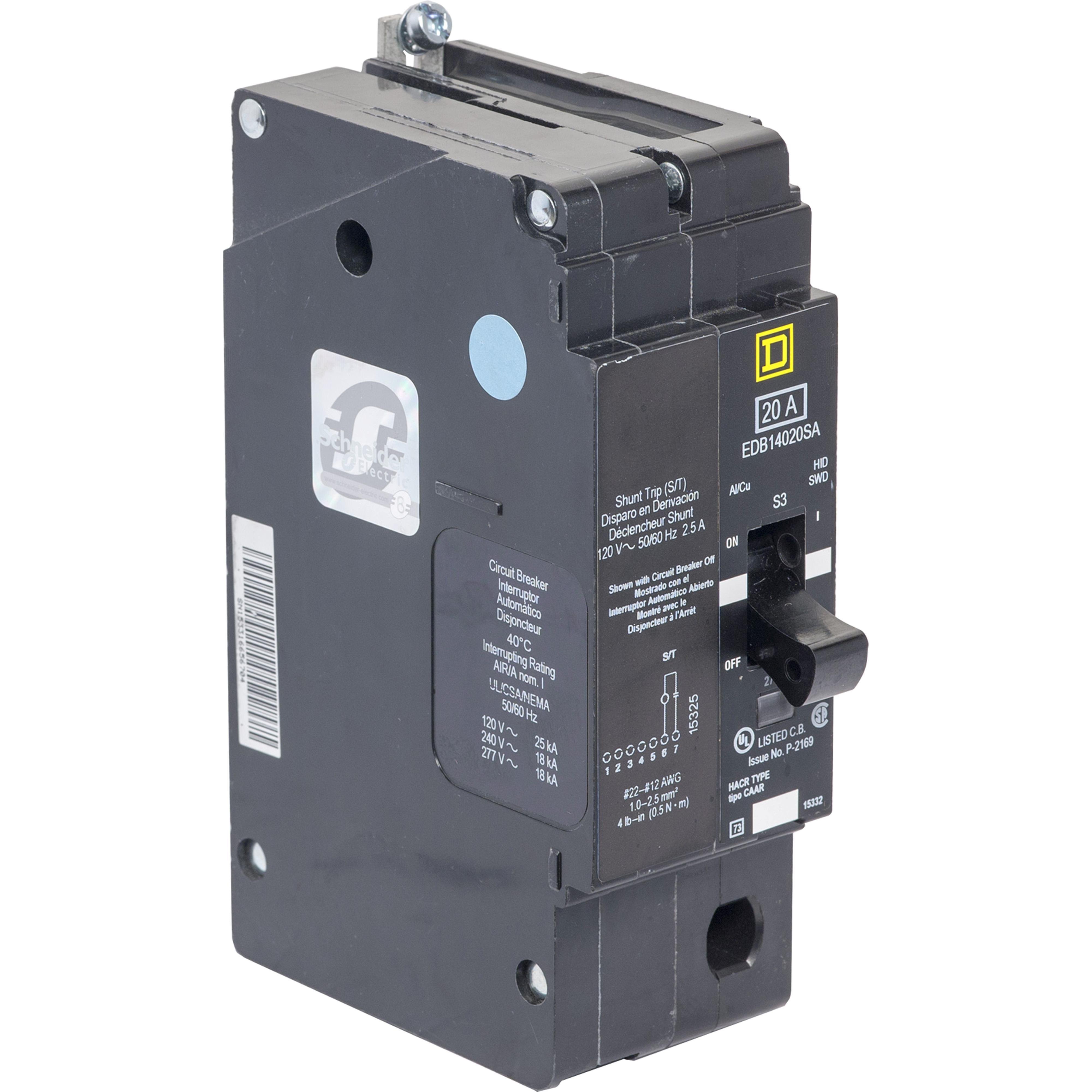 EDB14020SA - Mini circuit breaker, E-Frame, 20A, 1 pole, 277VAC, 25kA max, bolt on, shunt trip [TAA]