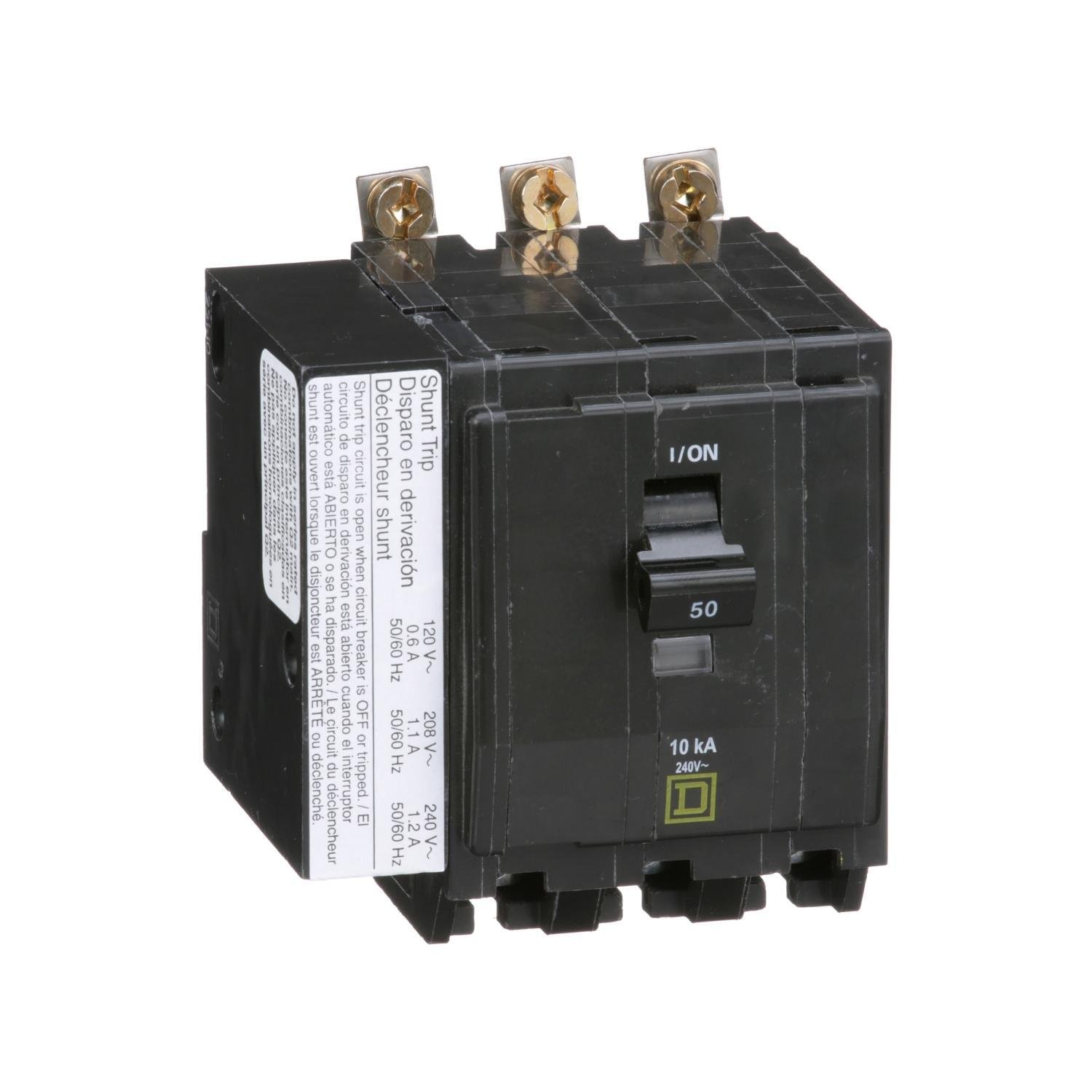 Picture of QOB3501021 - Mini circuit breaker, QO, 50A, 3 pole, 120/240VAC, 10kA, bolt on, AC shunt