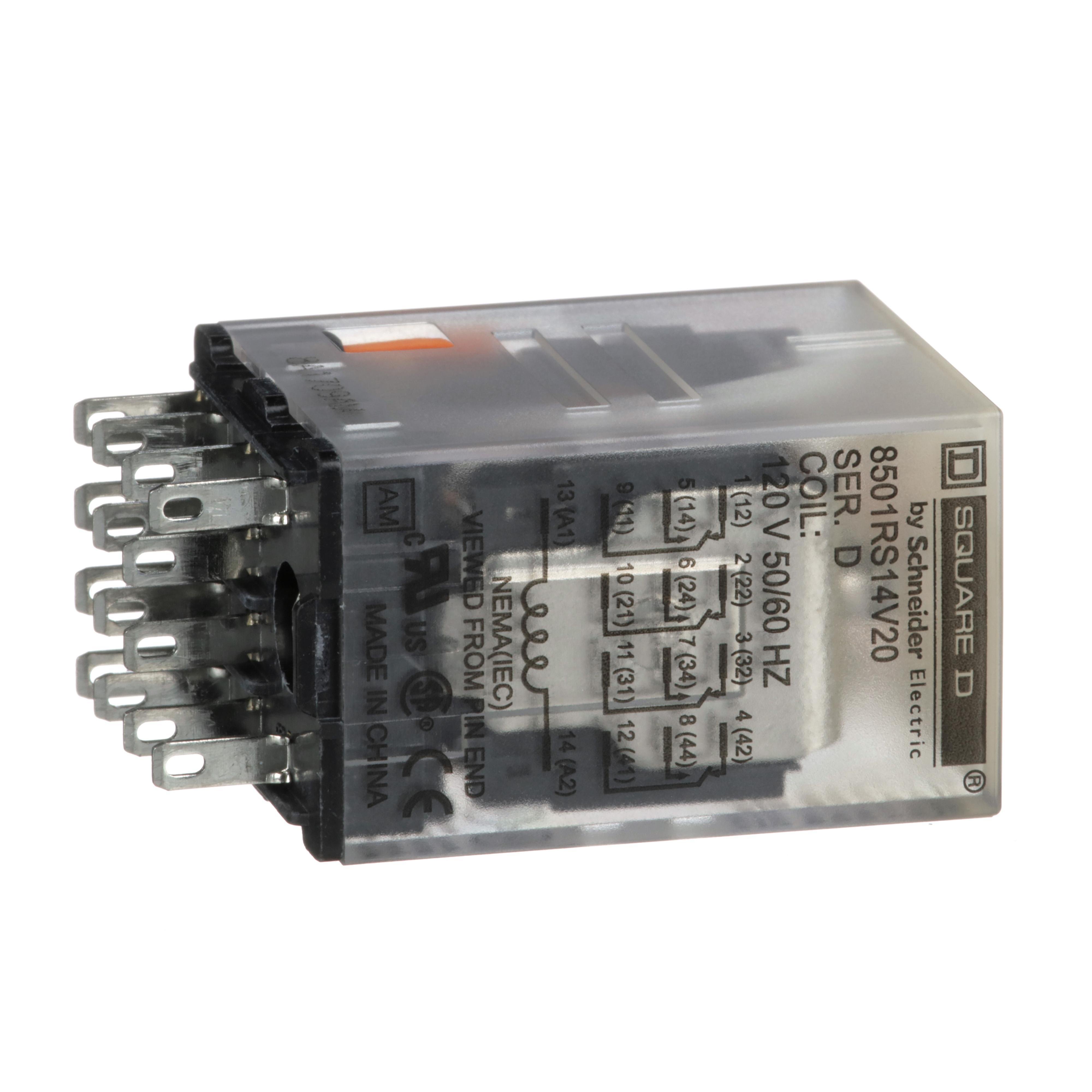 Picture of 8501RS14V20 - Miniature Relay, Harmony 8501R, low voltage, hermetically sealed, 4PDT, 14 blades, 8A at 120V AC, coil, 0.5HP at 277V AC, 120V AC, 4NO+ 4NC