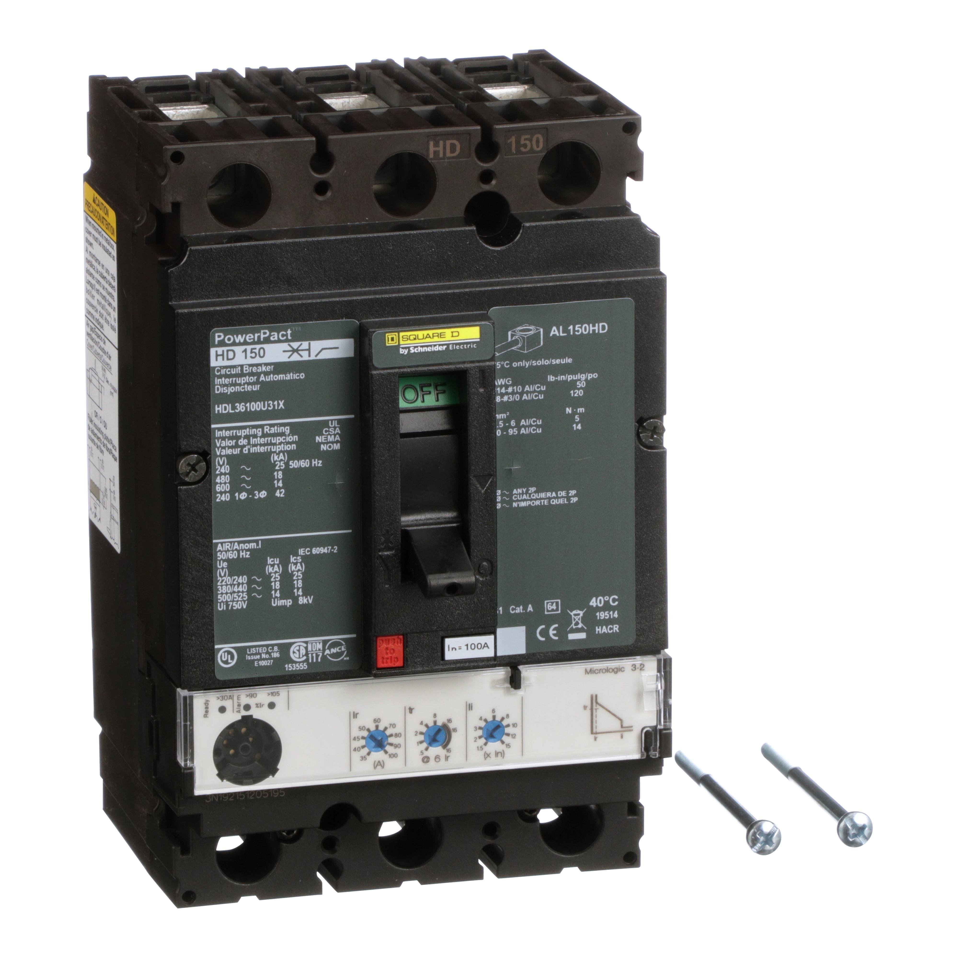 HDL36100U31X - Circuit breaker, PowerPacT H, 100A, 3 pole, 600VAC, 14kA, lugs, Micrologic 3.2, 80%