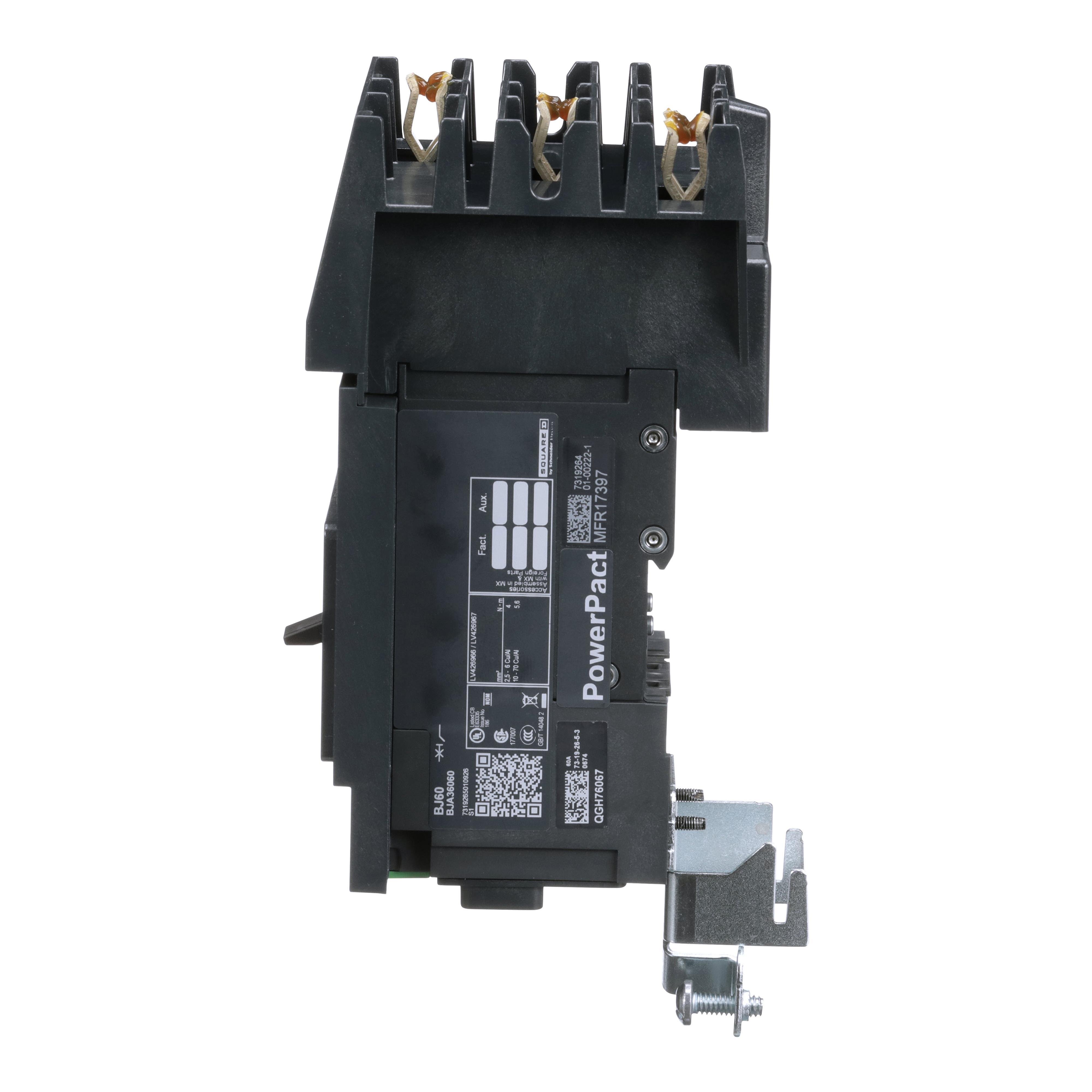 Picture of BJA36060 - Circuit breaker, PowerPacT B, 60A, 3 pole, 600Y/347VAC, 25kA, I-Line, thermal magnetic, 80%, ABC