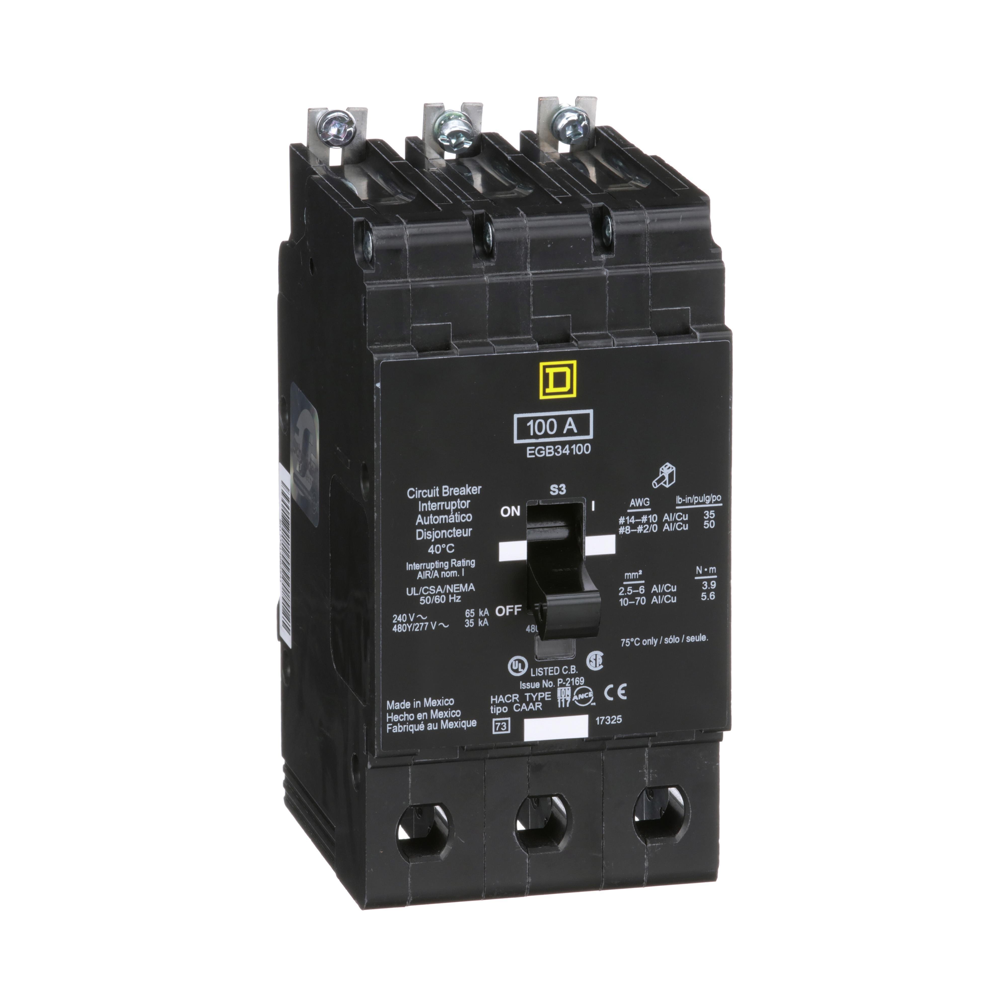 EGB34100 - [TAA] Mini circuit breaker, E-Frame, 100A, 3 pole, 480Y/277VAC, 65kA max, bolt on