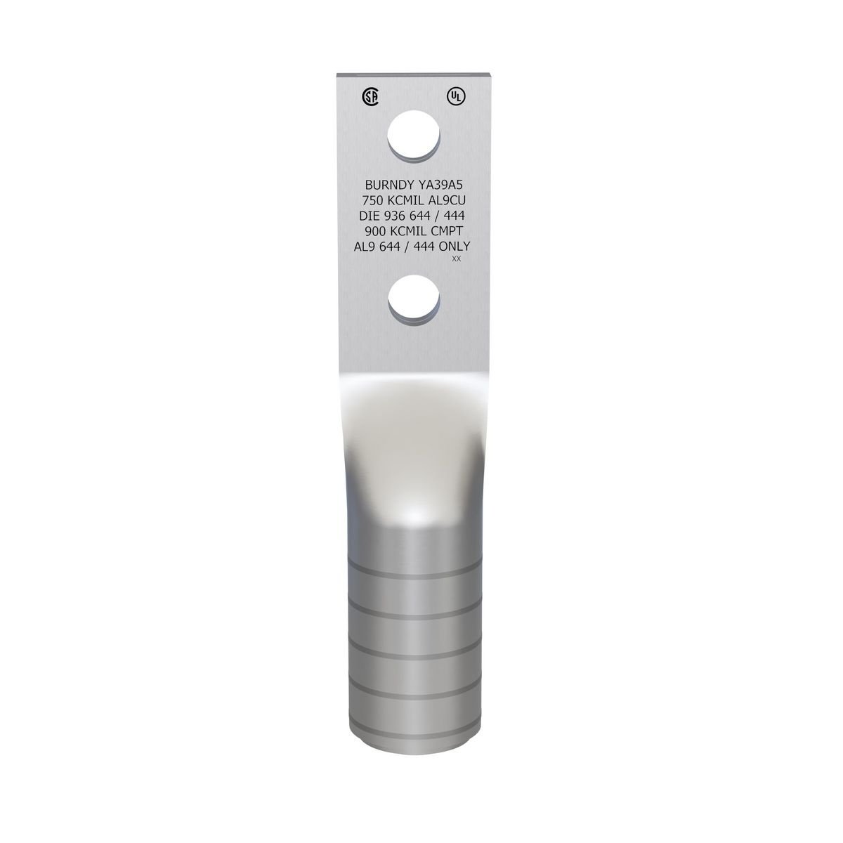 Picture of YA39A5 - Aluminum Compression Lug, 2 Hole w/o Inspection Window, 750 kcmil, 1/2" Stud, 1-3/4" Stud Hole Spacing, Al/Cu Rated, Tin Plated
