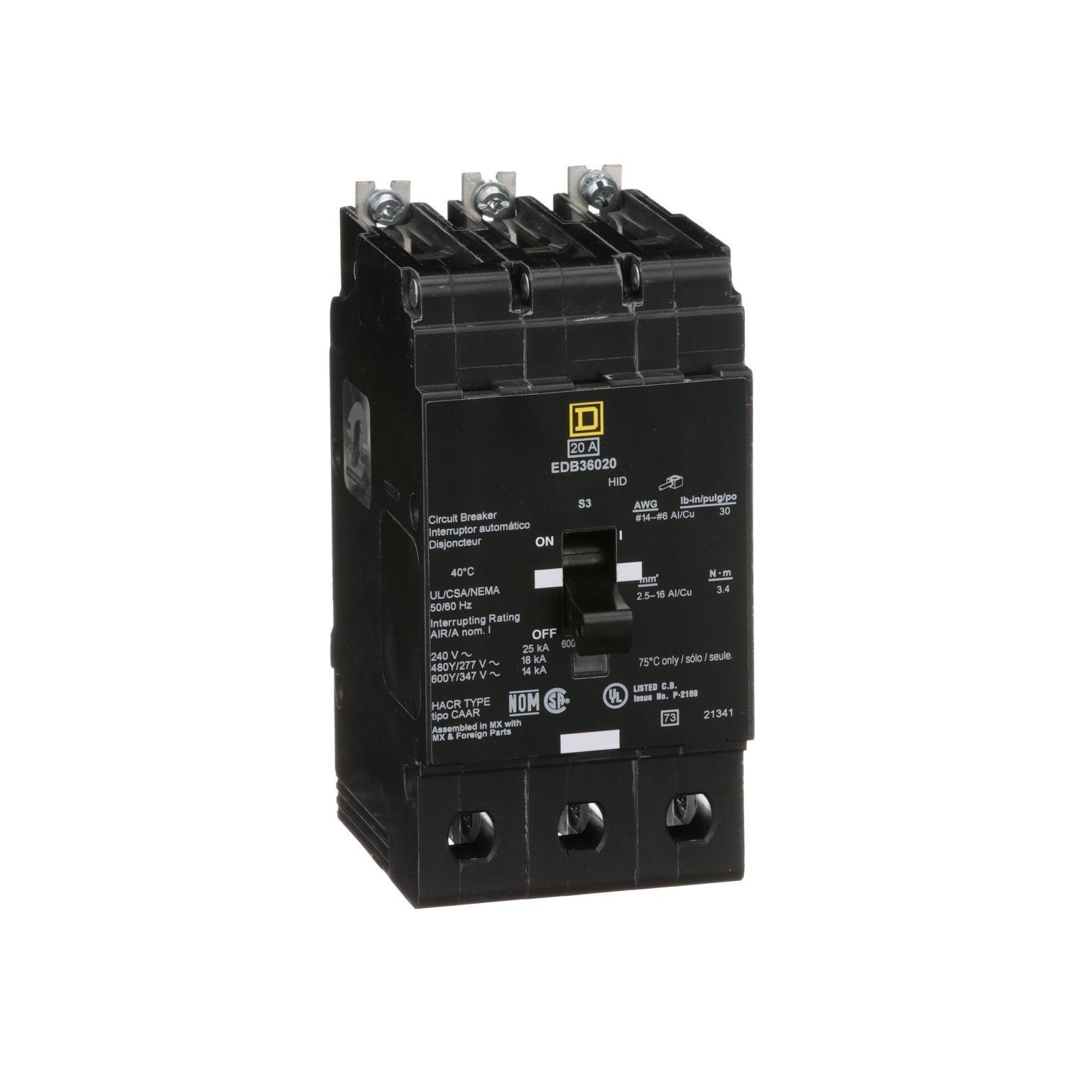 EDB36020 - Mini circuit breaker, E-Frame, 20A, 3 pole, 600Y/347VAC, 25kA max, bolt on [TAA]