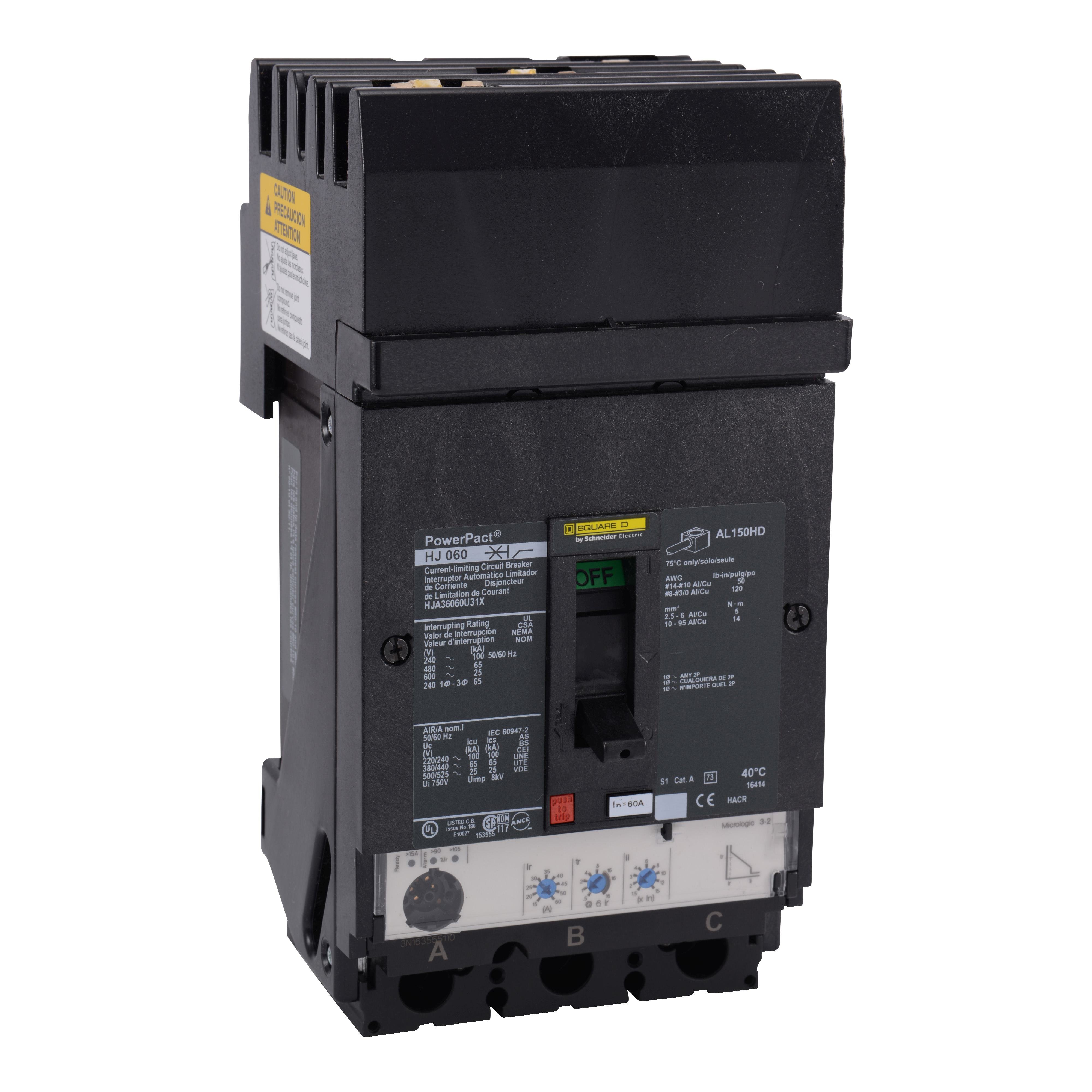 HJA36060U31X - Circuit breaker, PowerPacT H, 60A, 3 pole, 600VAC, 25kA, I-Line, Micrologic 3.2, 80%, ABC