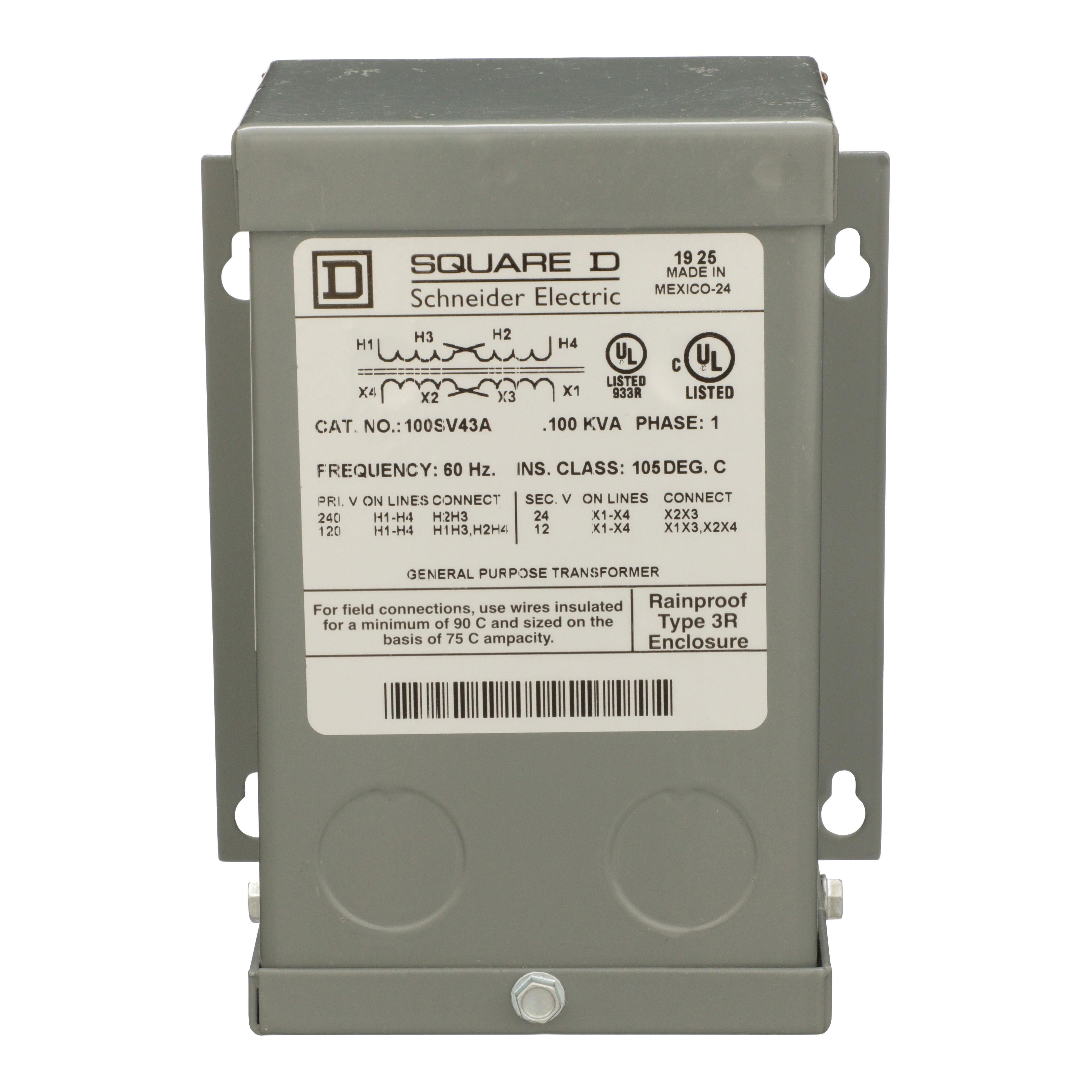 100SV43A - Transformer, buck boost, encapsulated, 0.1kVA, 1 phase, 120x240V primary, 12/24V secondary, NEMA 3R, 55C rise