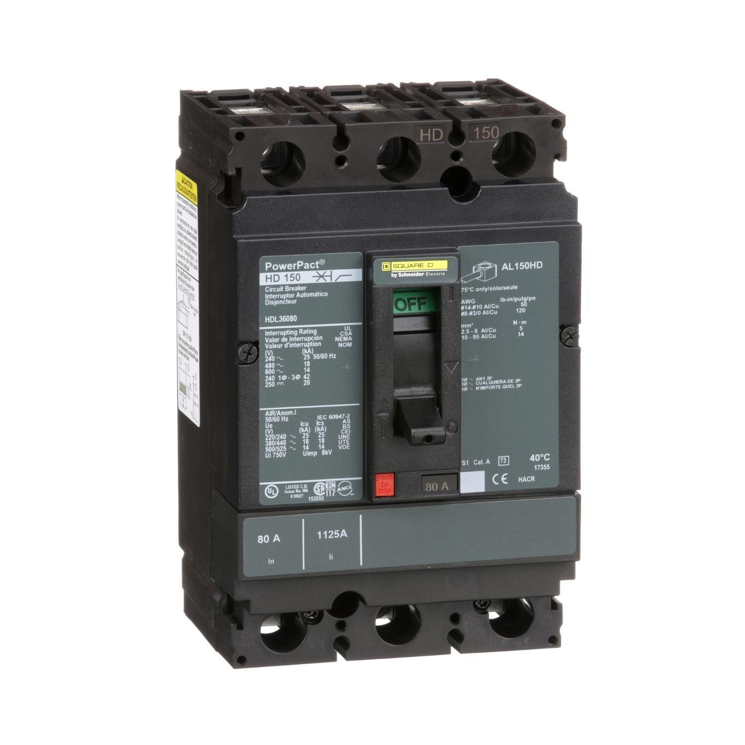 Picture of HDL36080 - Circuit breaker, PowerPacT H, 80A, 3 pole, 600VAC, 14kA, lugs, thermal magnetic, 80%