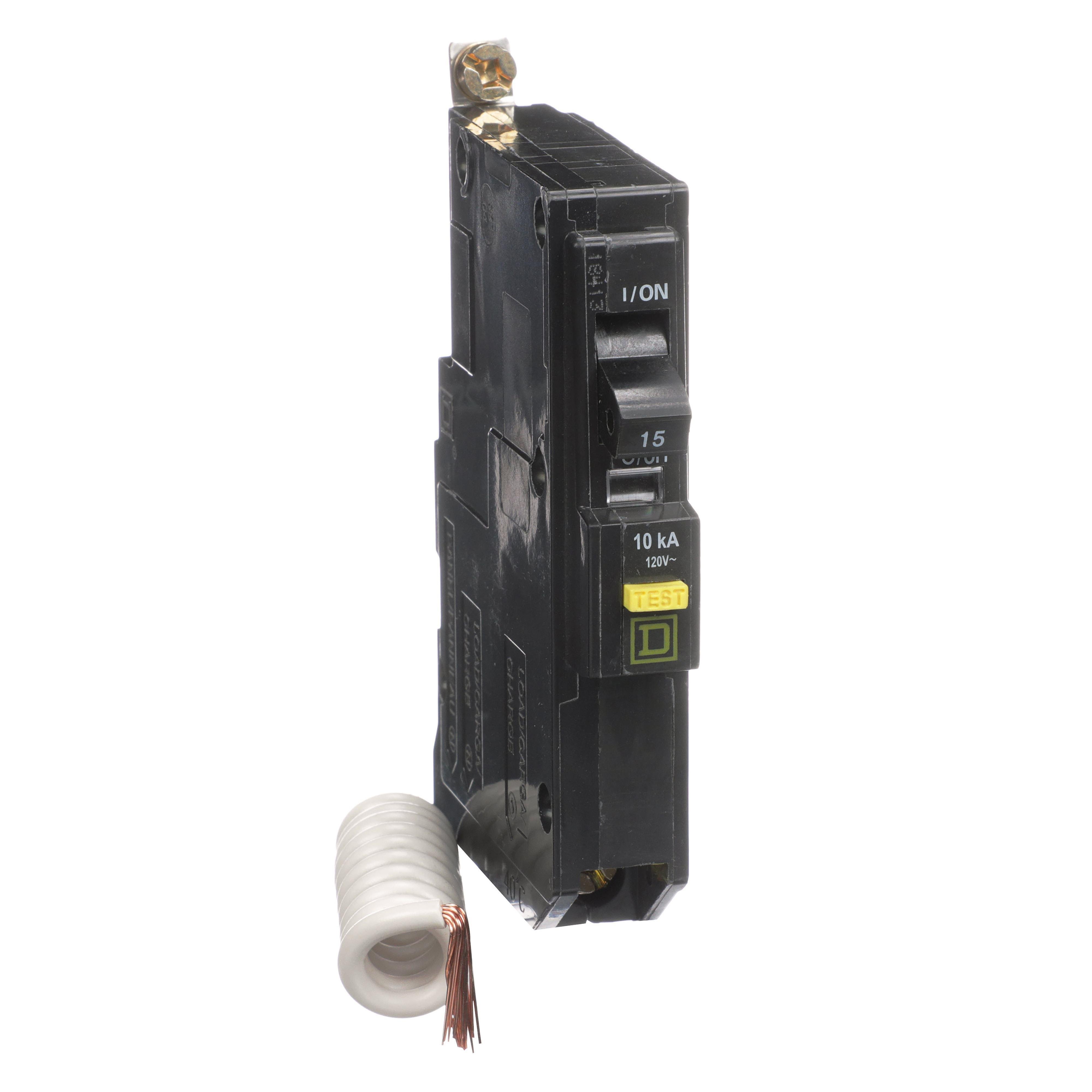 QOB115GFI - [TAA] Mini circuit breaker, QO, 15A, 1 pole, 120VAC, 10kA, bolt on, 6mA grd fault A, pigtail