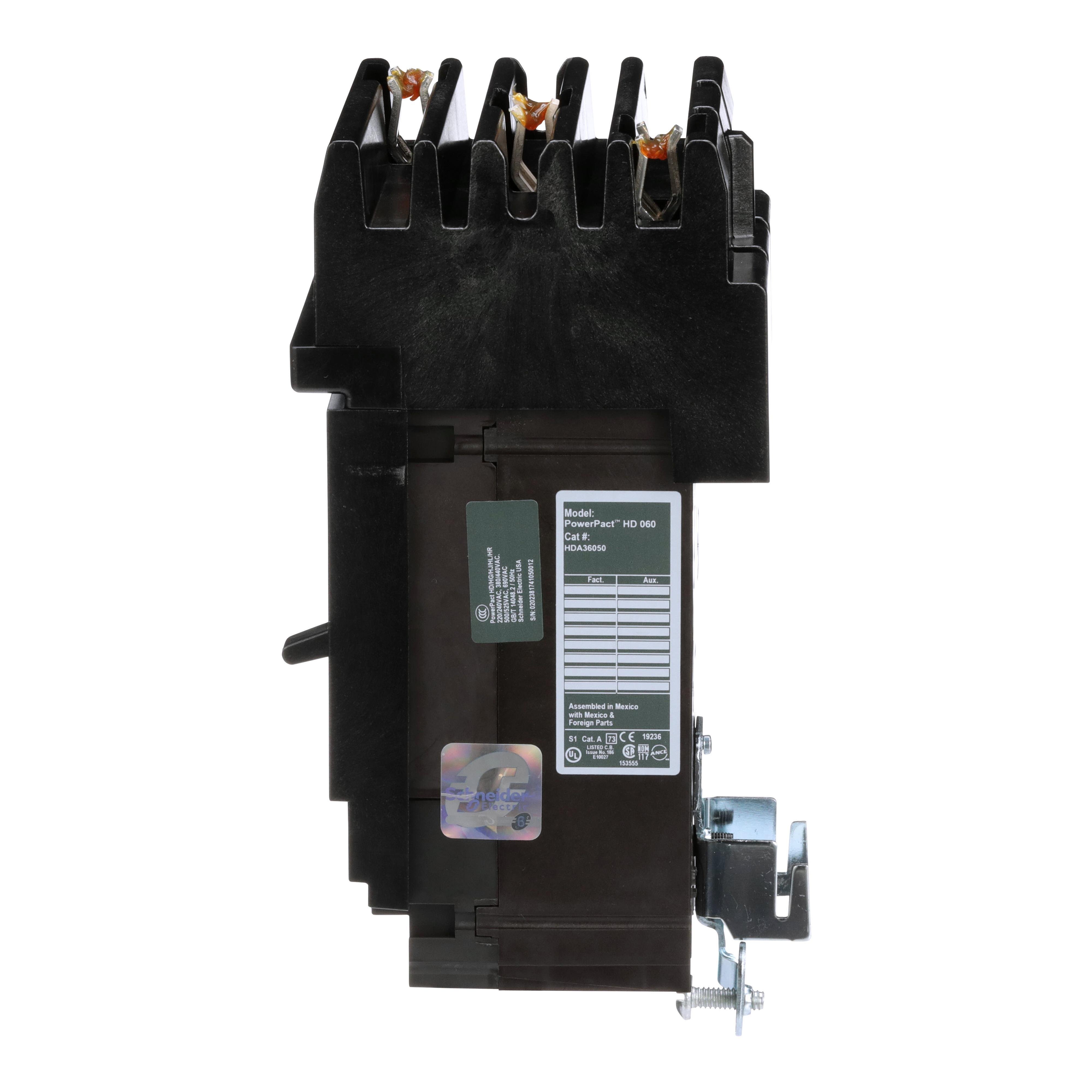 Picture of HDA36050 - Circuit breaker, PowerPacT H, 50A, 3 pole, 600VAC, 14kA, I-Line, thermal magnetic, 80%, ABC