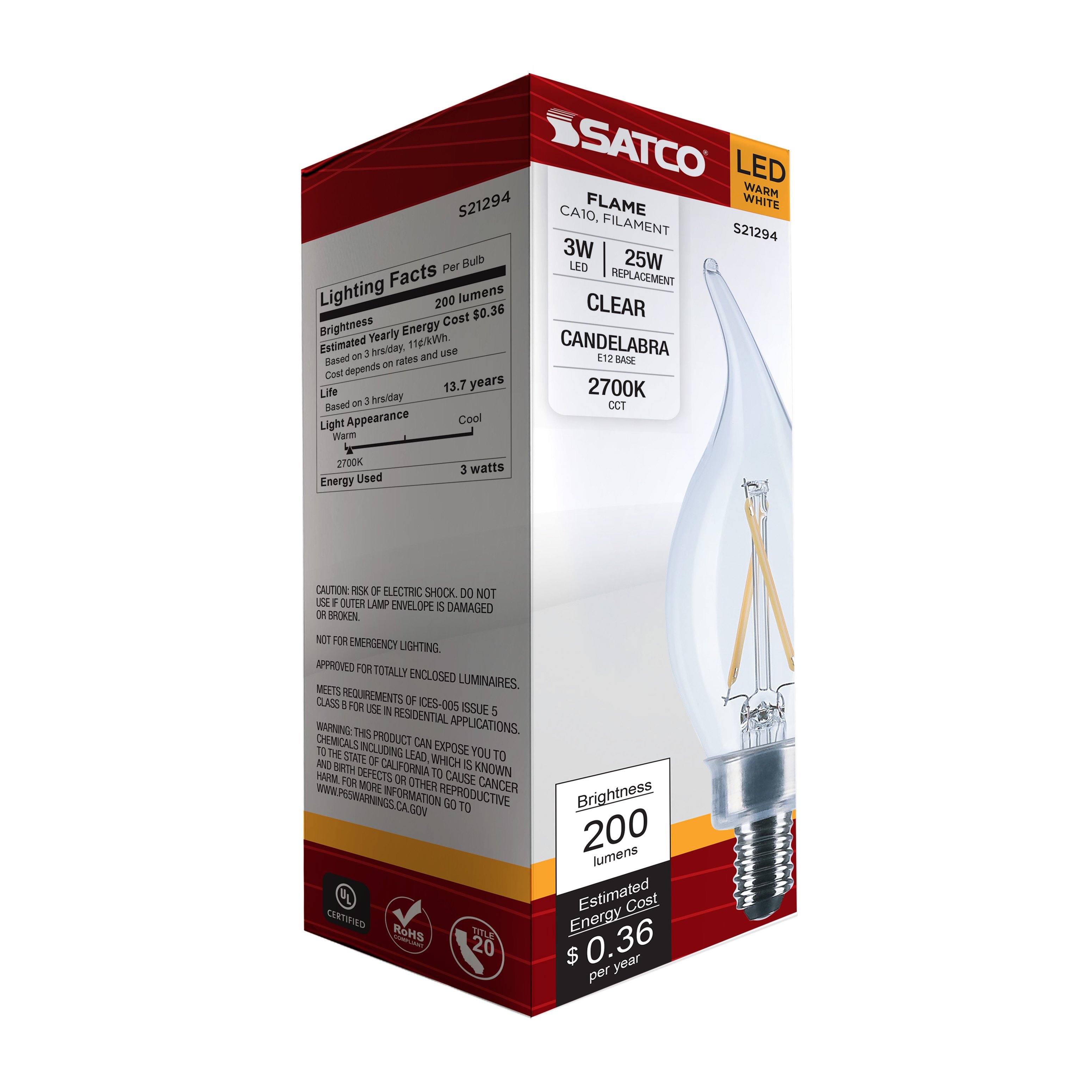 Picture of S21294 - 3 Watt CA10 LED - Clear - Candelabra base - 90 CRI - 2700K - 120 Volt