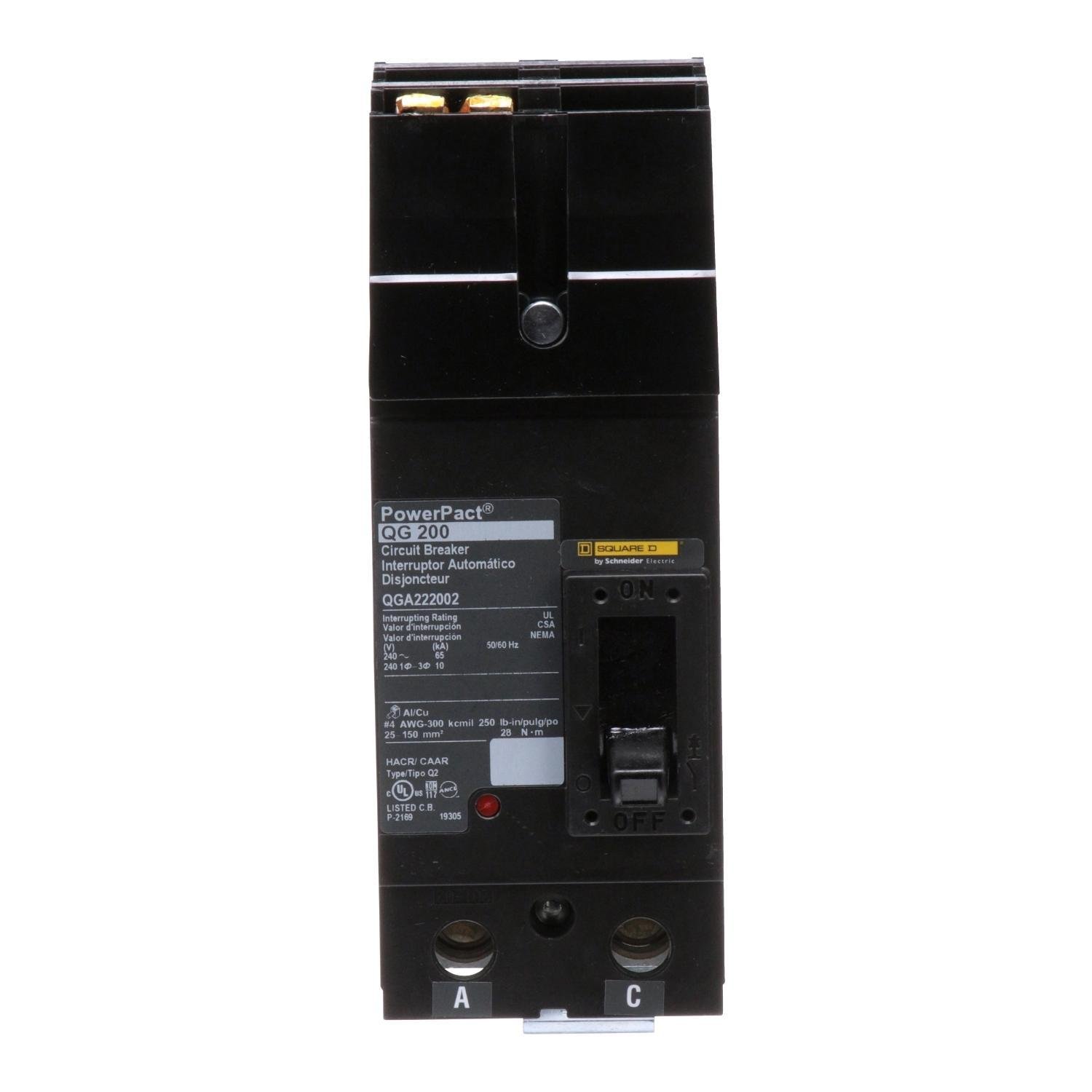 QGA222002 - Circuit breaker, PowerPacT Q, 200A, 2 pole, 240VAC, 65kA, I-Line, thermal magnetic, 80%, AC