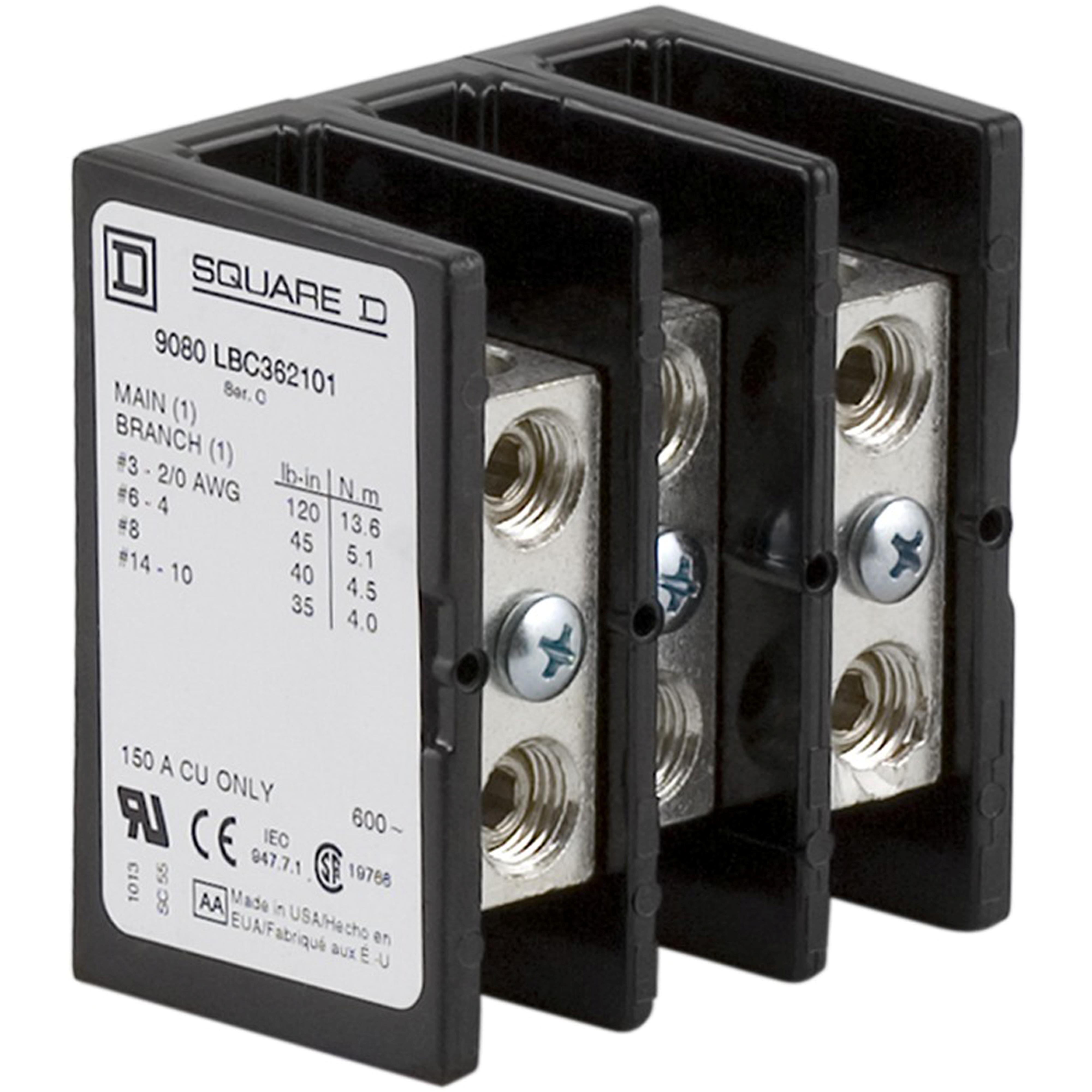 9080LBC362101 - Power distribution block, Linergy, 3 pole, 1 line, 1 load, 150A Cu, 600V