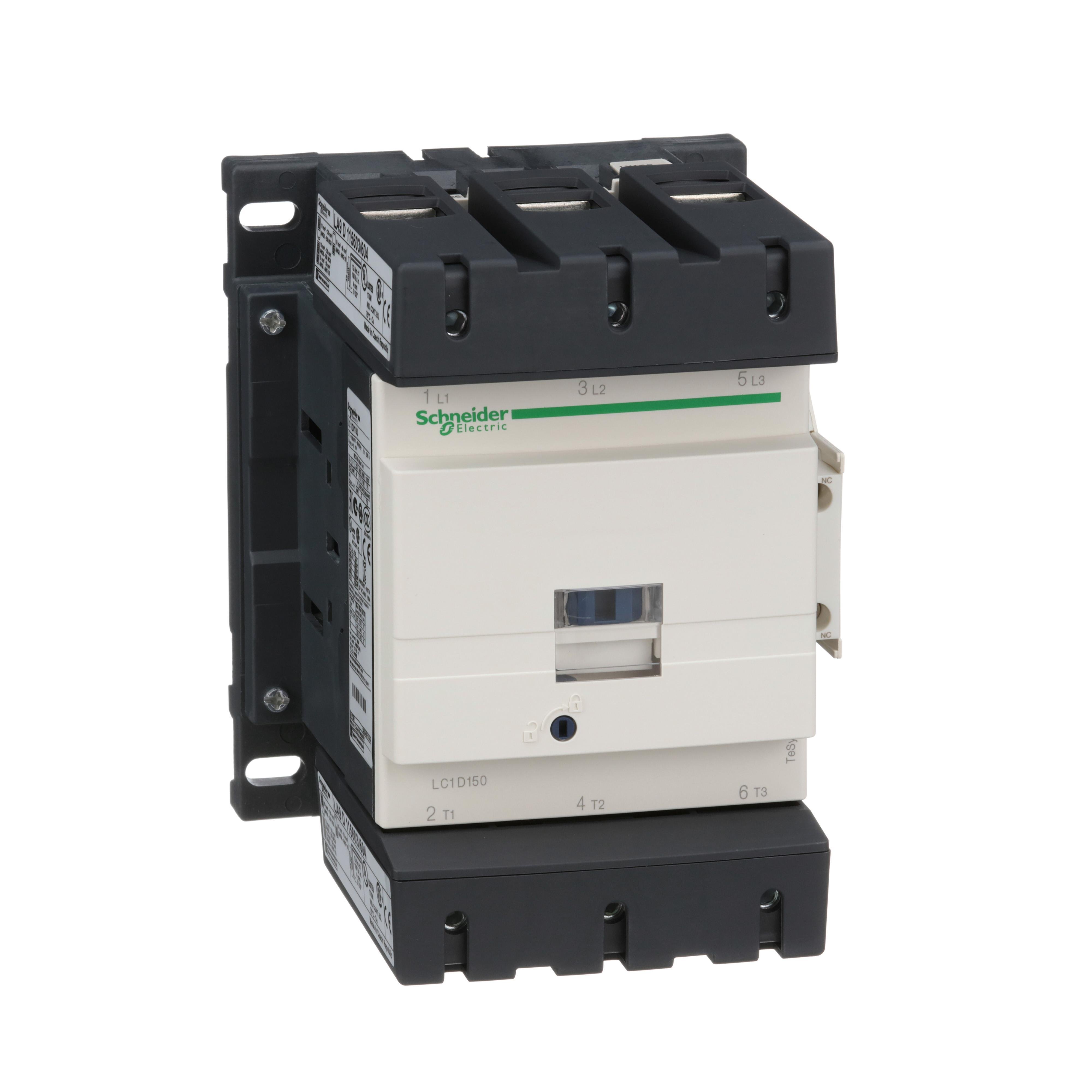 LC1D150G7 - IEC contactor, TeSys Deca, nonreversing, 150A, 100HP at 480VAC, up to 100kA SCCR, 3 phase, 3 NO, 120VAC 50/60Hz coil, open