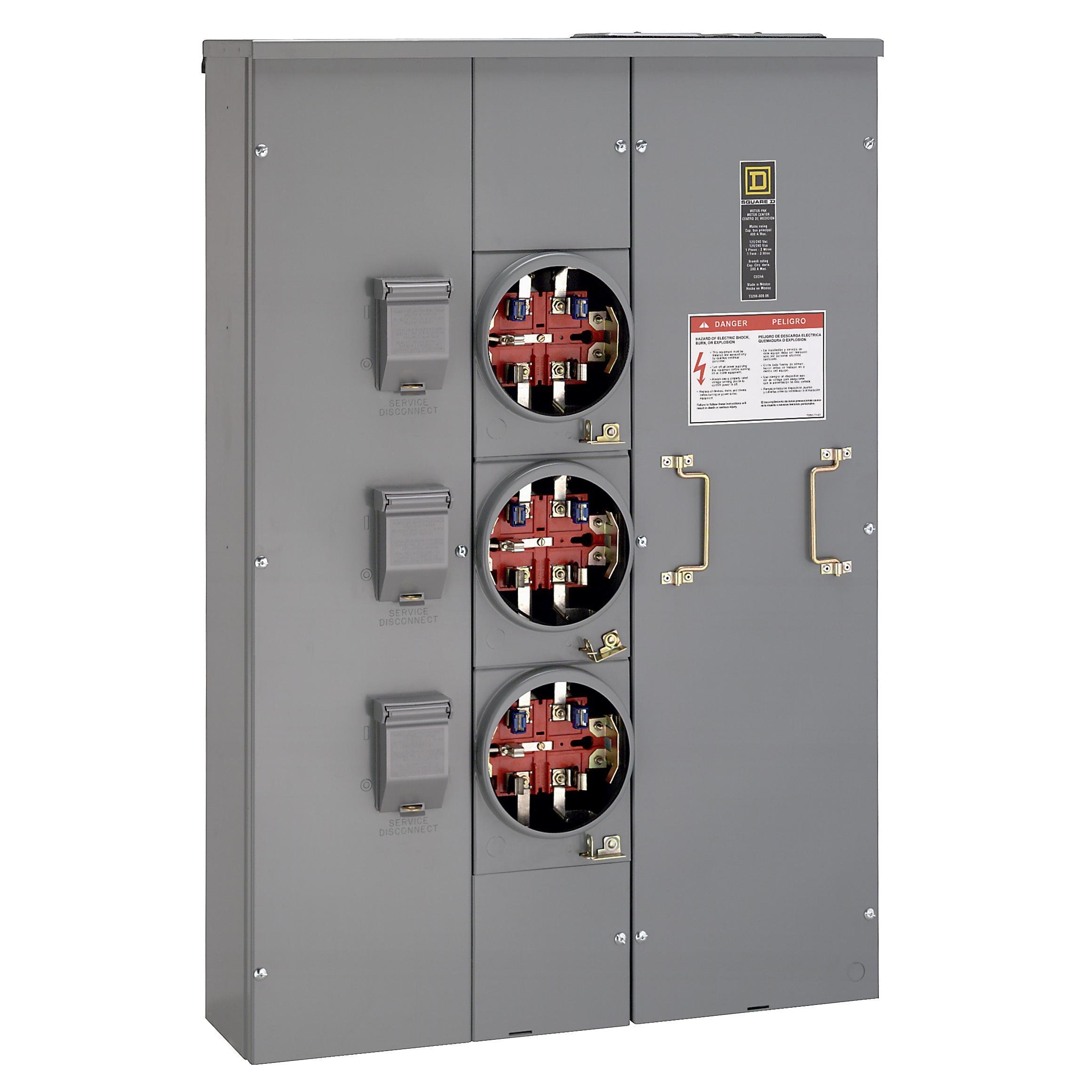 MPH43200 - Meter center, MP Meter-Pak, 3 sockets, horn bypass, 5 jaws, 400A bus, 200A max breaker rating, ringless