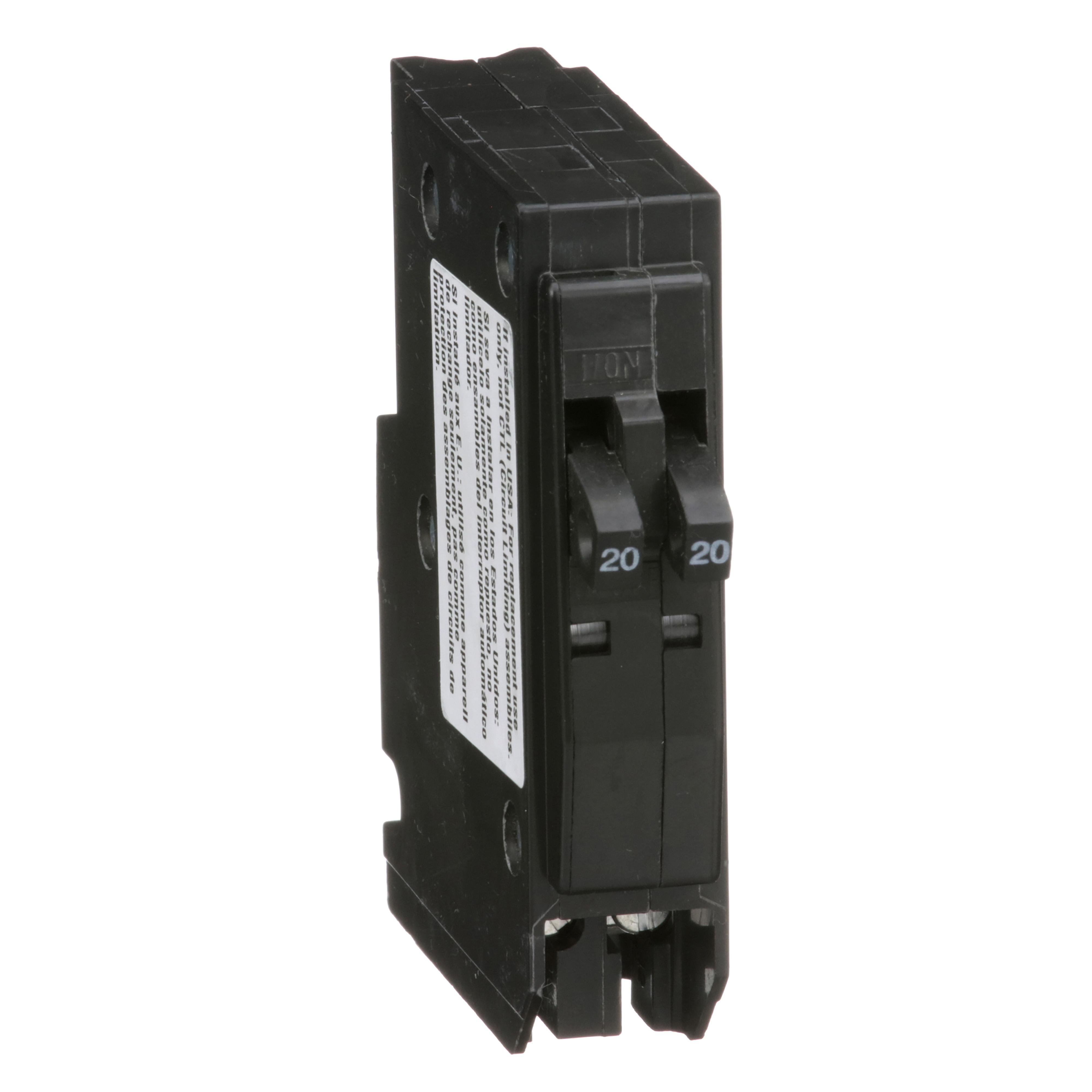 QO2020 - Tandem mini circuit breaker, QO, 2 x 1 pole at 20A, 120/240VAC, 10kA, plug in