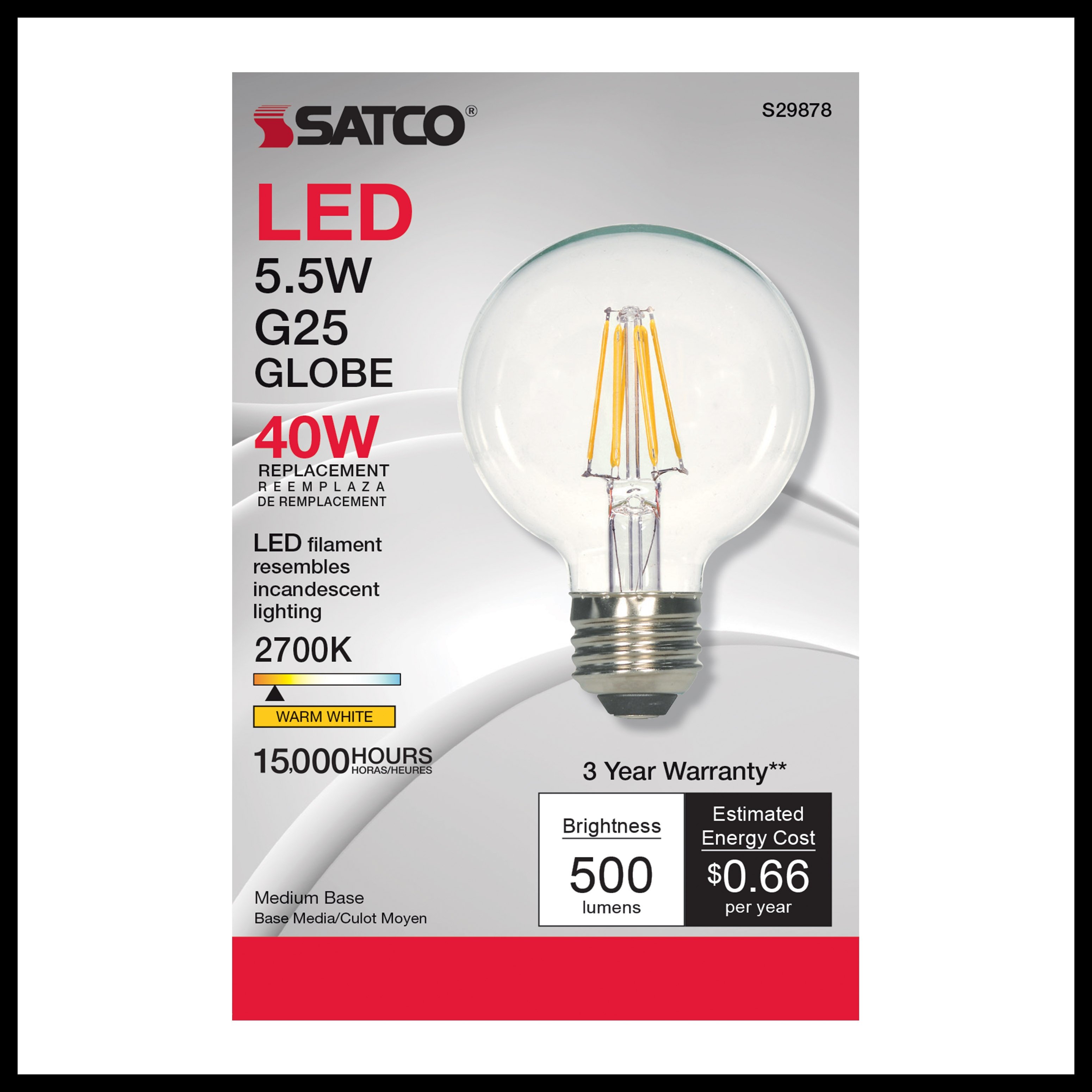 Picture of S29878 - 5.5 Watt G25 LED - Clear - Medium base - 2700K - 500 Lumens - 120 Volt