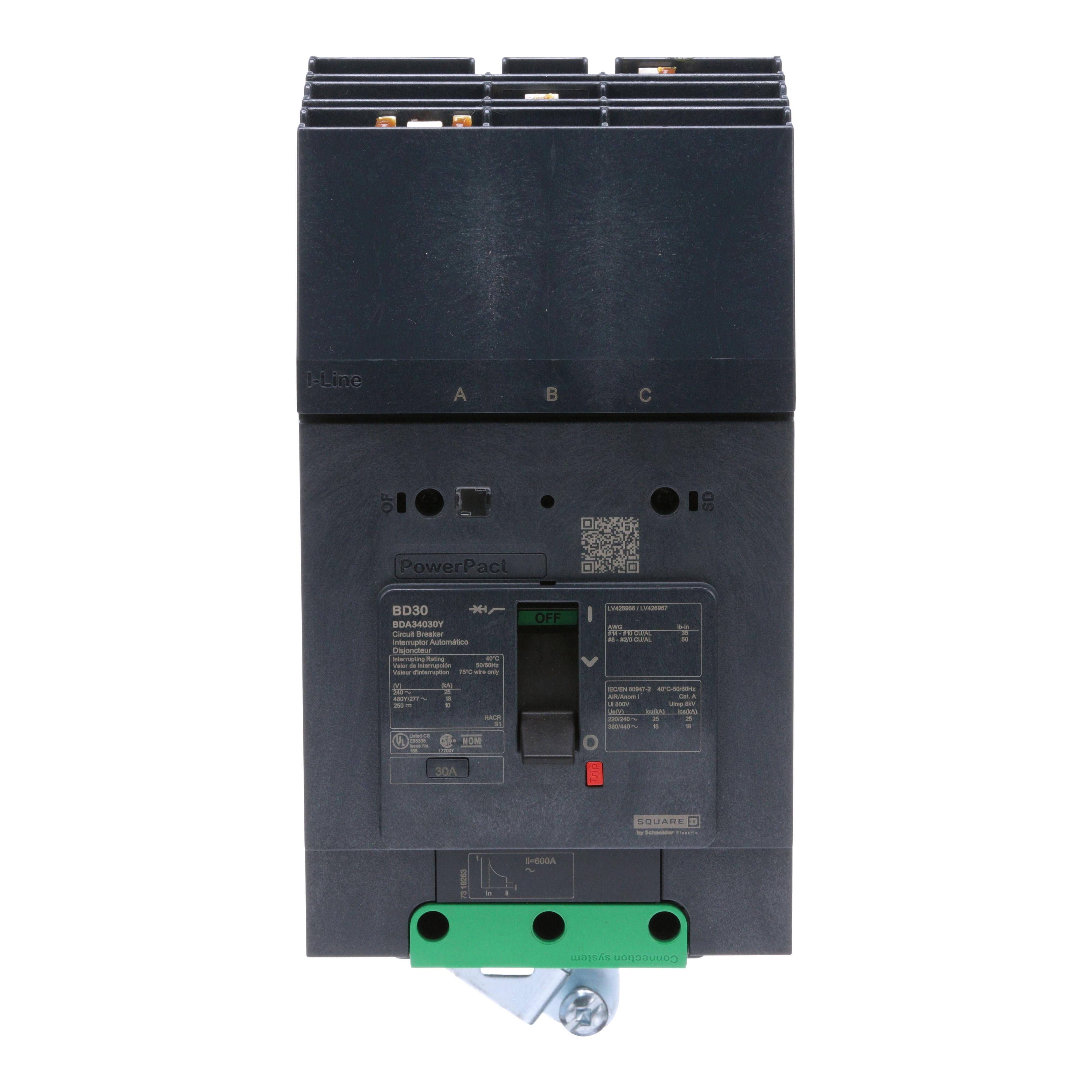 Picture of BDA34030Y - Circuit breaker, PowerPacT B, 30A, 3 pole, 480Y/277VAC, 18kA, I-Line, thermal magnetic, 80%, ABC