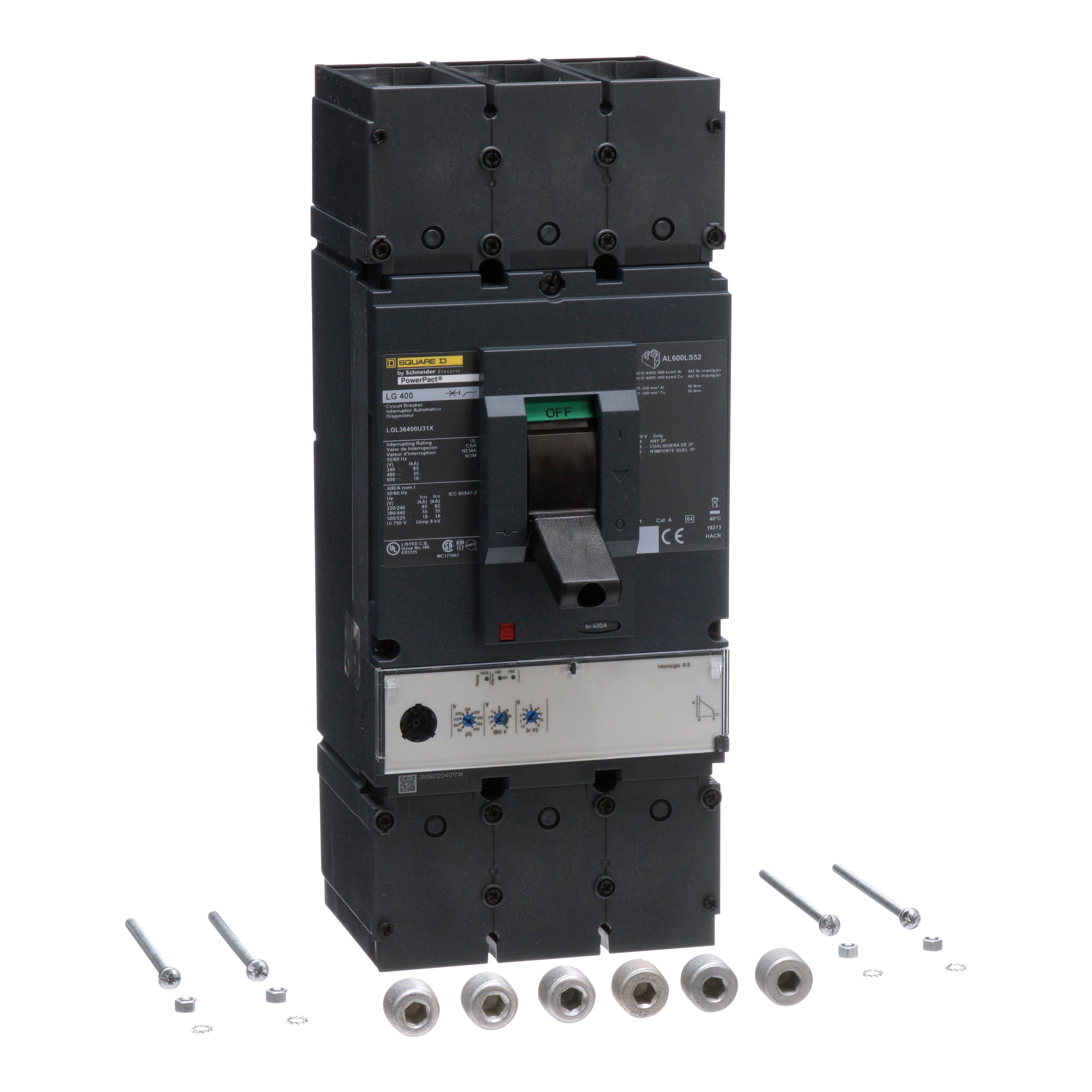 LGL36400U31X - Circuit breaker, PowerPacT L, 400A, 3 pole, 600VAC, 18kA, lugs, MicroLogic 3.3, 80%