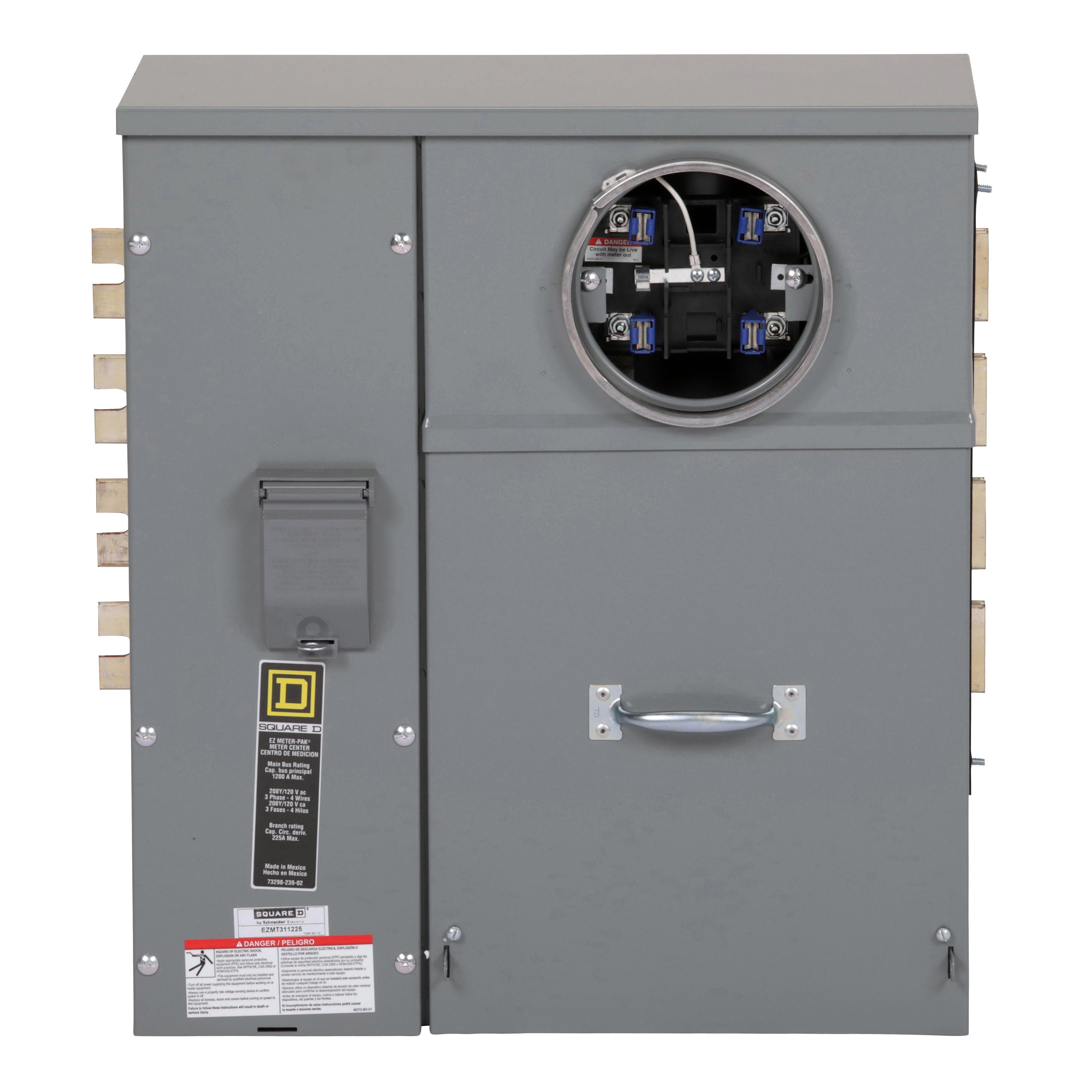 Picture of EZMT311225 - Branch unit, EZ Meter-Pak, 225A, 1 x 5 jaw socket, 208Y/120VAC, test block bypass, ringed, 1200A Al/Cu busbar