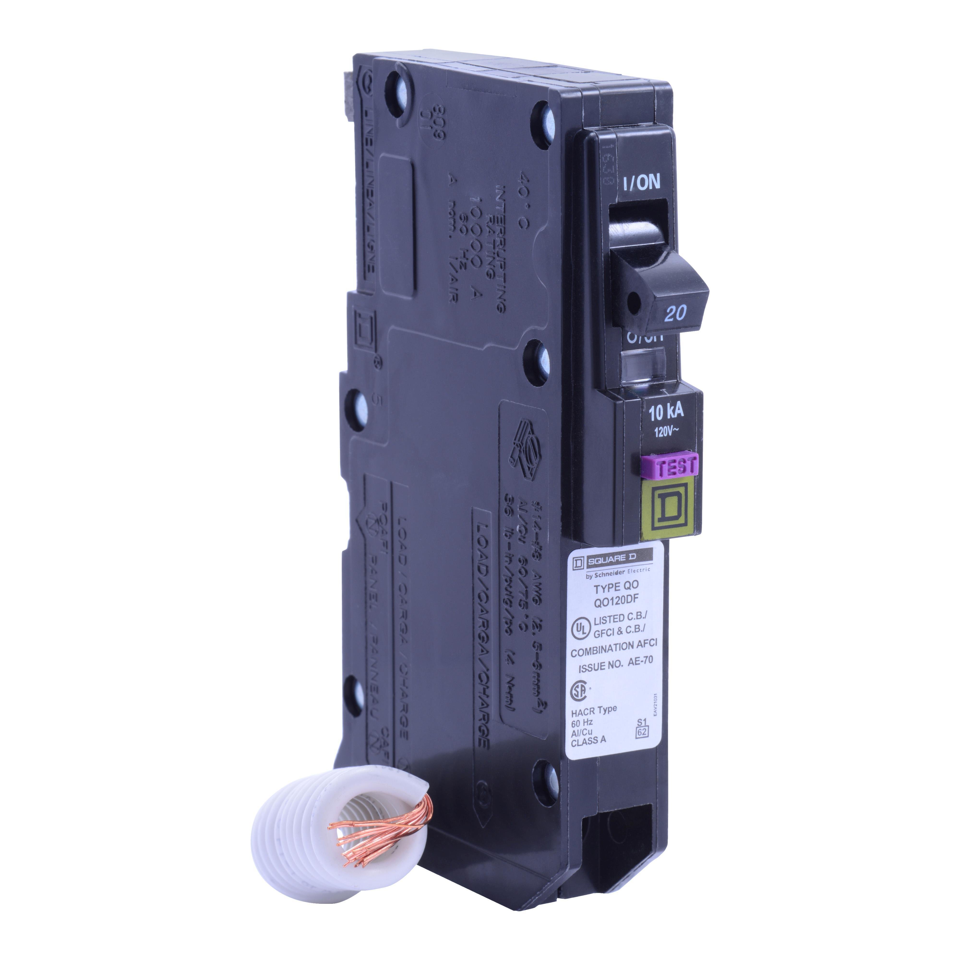 QO120DF - [TAA] Mini circuit breaker, QO, 20A, 1 pole, 120VAC, 10kA, plug in, dual function, pigtail