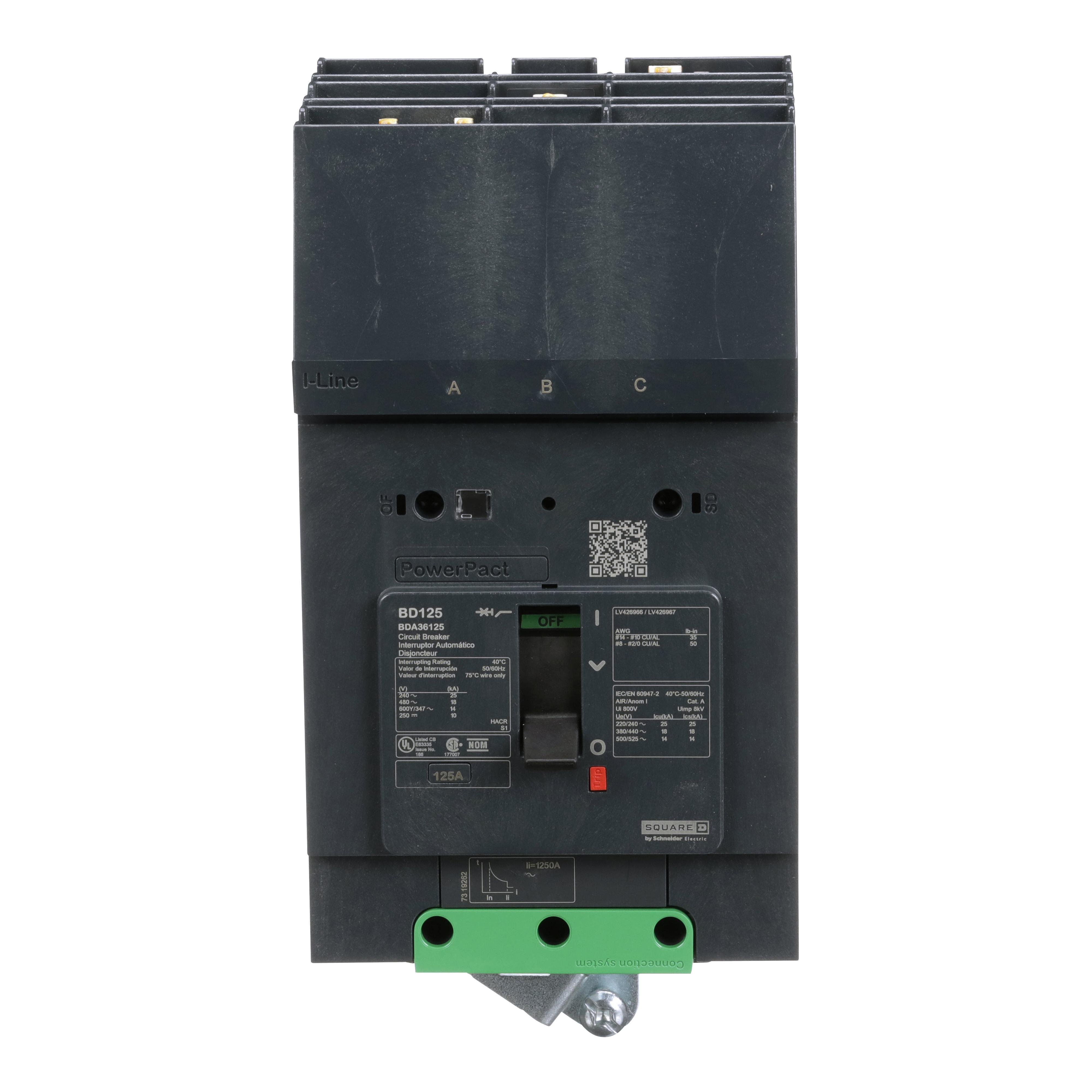 BDA36125 - Circuit breaker, PowerPacT B, 125A, 3 pole, 600Y/347VAC, 14kA, I-Line, thermal magnetic, 80%, ABC