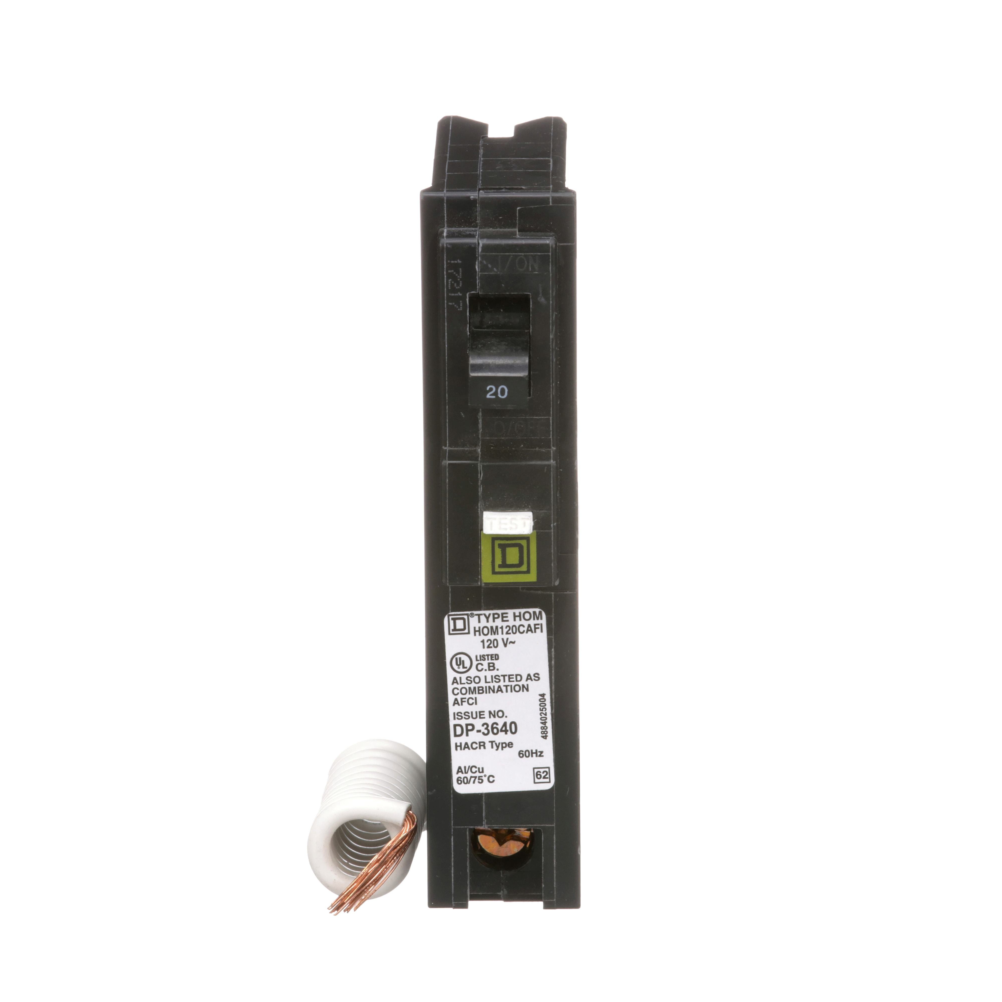 Picture of HOM120CAFI - [TAA] Mini circuit breaker, Homeline, 20A, 1 pole, 120VAC, 10kA AIR, combo arc fault, pigtail neutral, plug in, UL