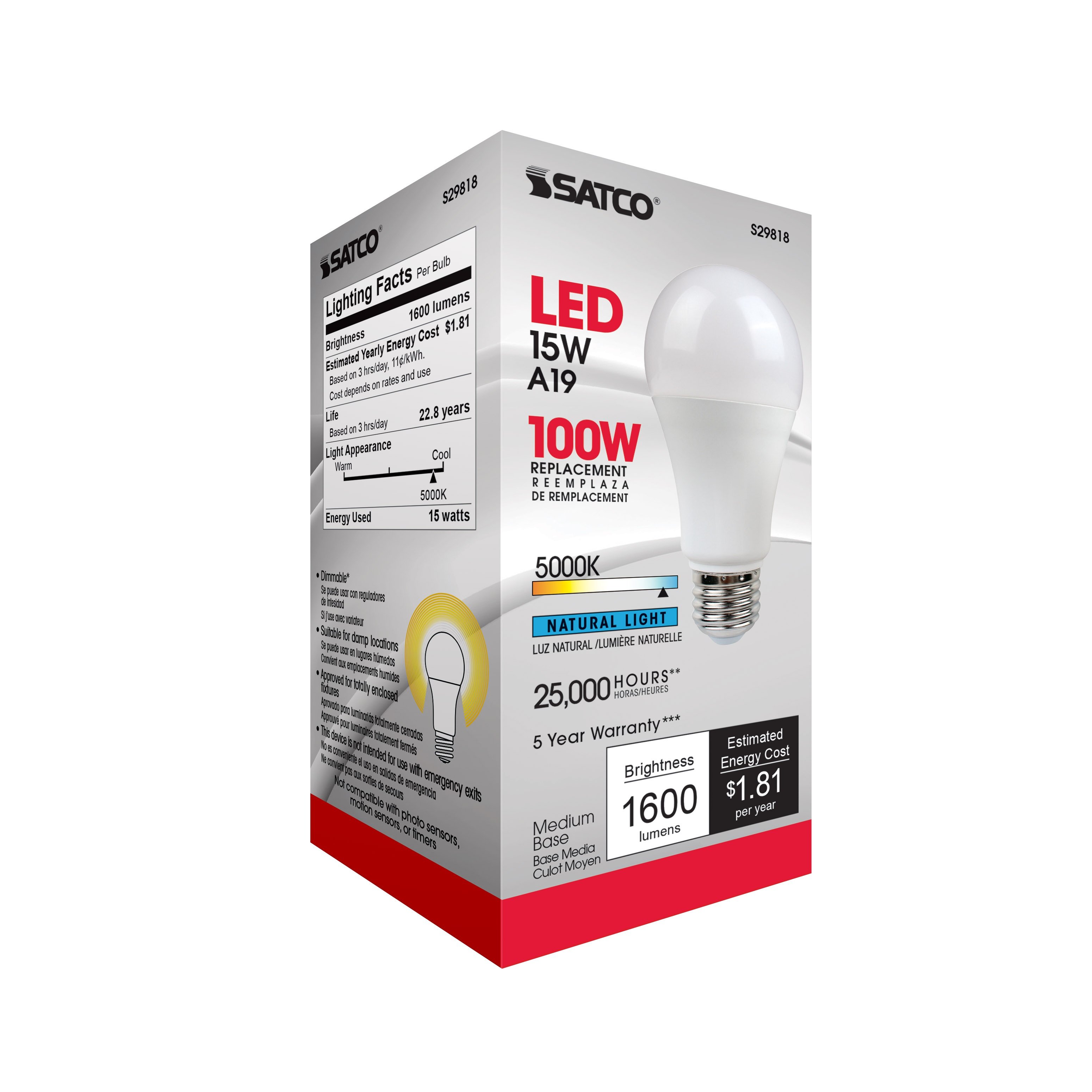 Picture of S29818 - 15 Watt - A19 LED - Frosted - 5000K - Medium base - 220 deg. Beam Angle - 120 Volt