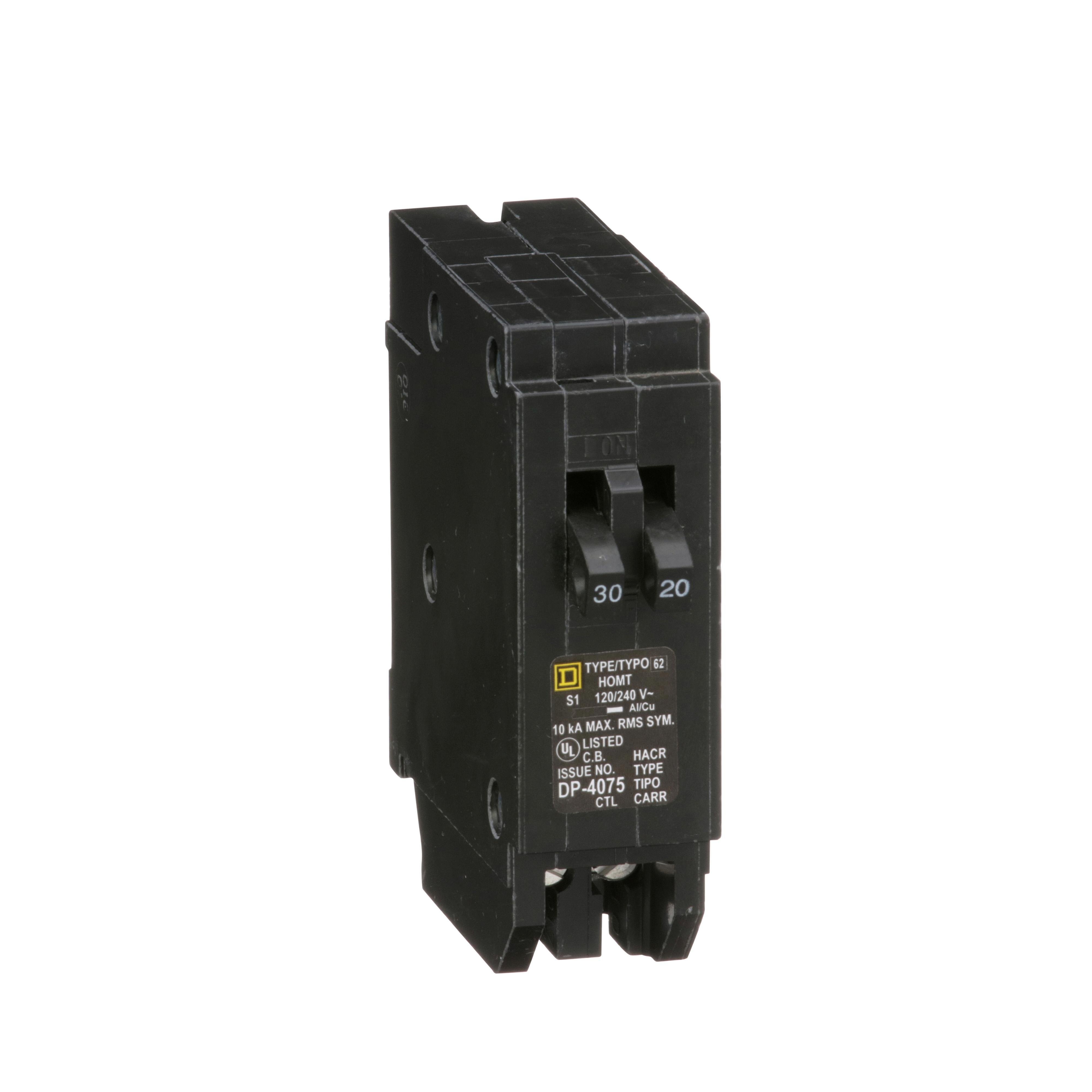 Picture of HOMT3020 - Tandem circuit breaker, Homeline, 1 x 1 pole at 30A, 1 x 1 pole at 20A, 120/240VAC, 10kA AIR, plug in, UL