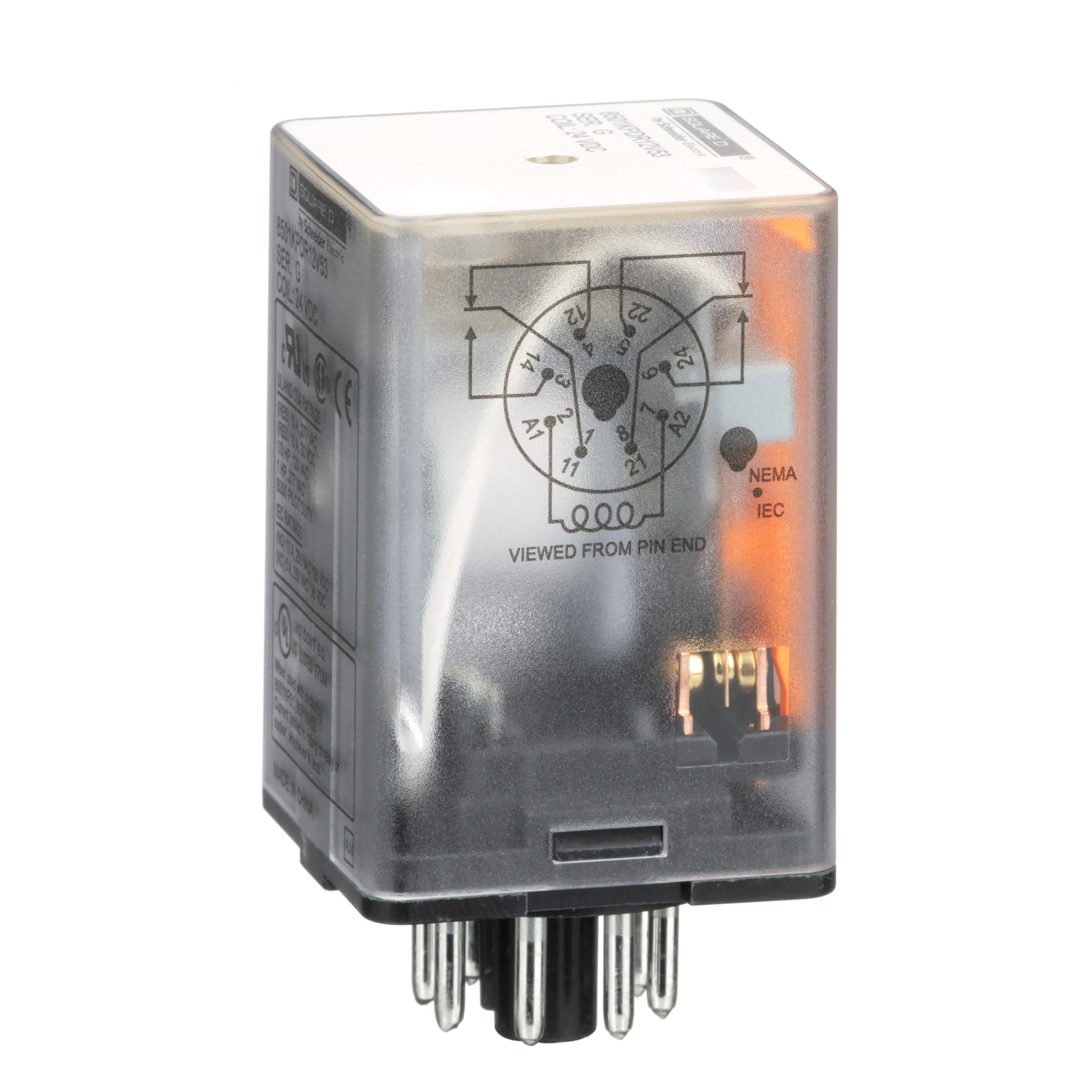 8501KPDR12V53 - Plug in relay, Type KP, tubular, 1 HP at 277 VAC, 10A resistive at 120 VAC, 8 pin, DPDT, 2 NO, 2 NC, 24 VDC coil