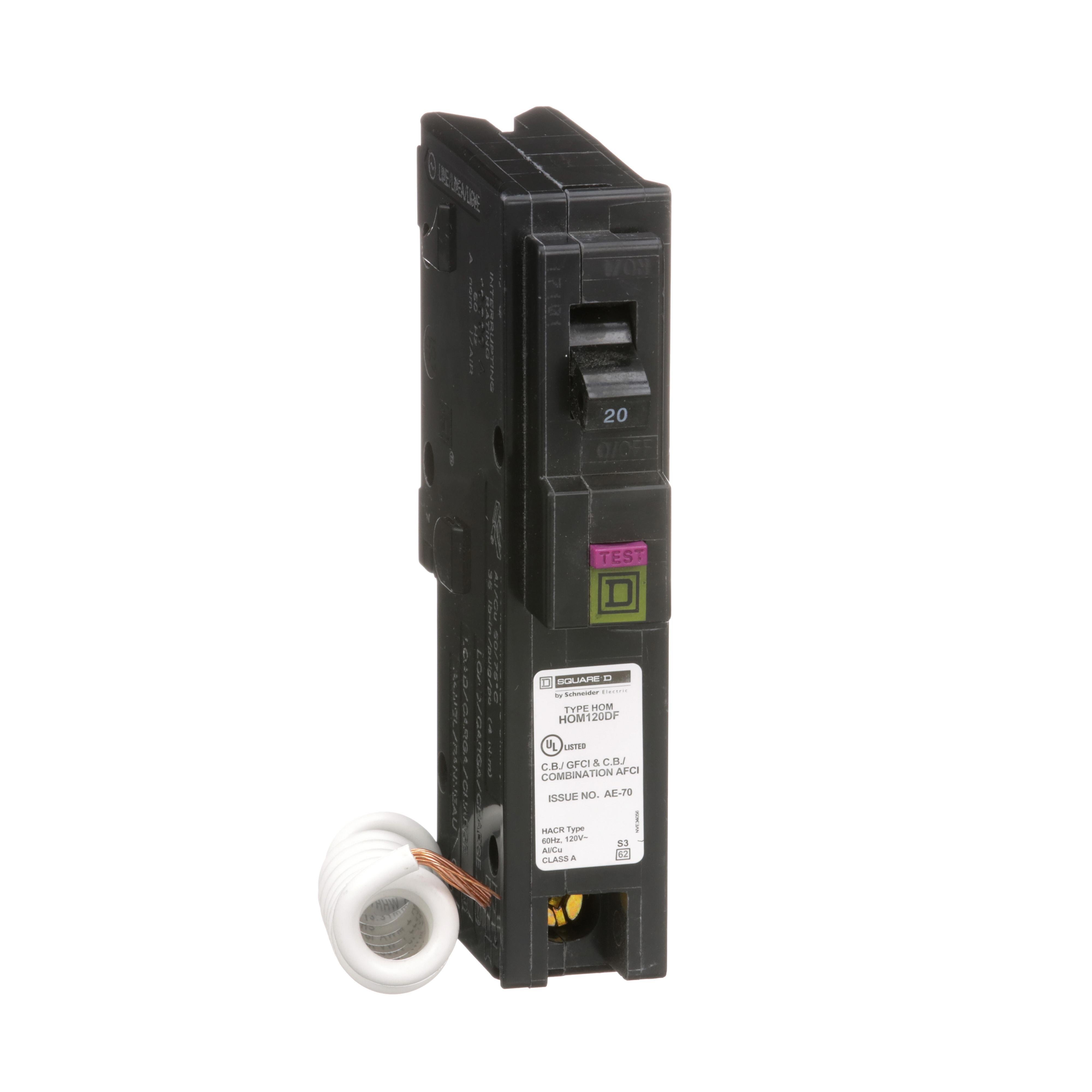 HOM120DF - [TAA] Mini circuit breaker, Homeline, 20A, 1 pole, 120VAC, 10kA AIR, combo ARC/ground fault, plug in, UL