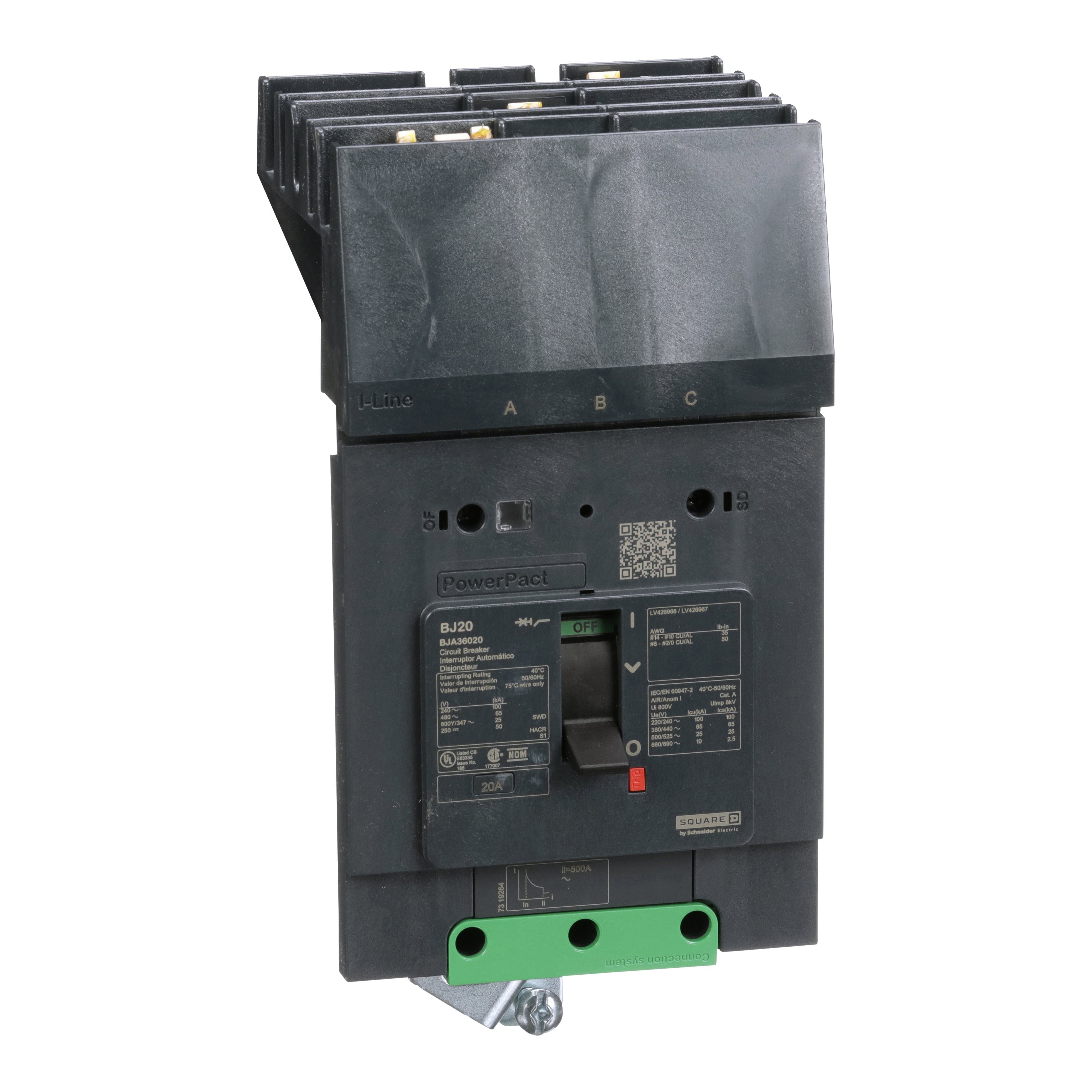 BJA36020 - Circuit breaker, PowerPacT B, 20A, 3 pole, 600Y/347VAC, 25kA, I-Line, thermal magnetic, 80%, ABC