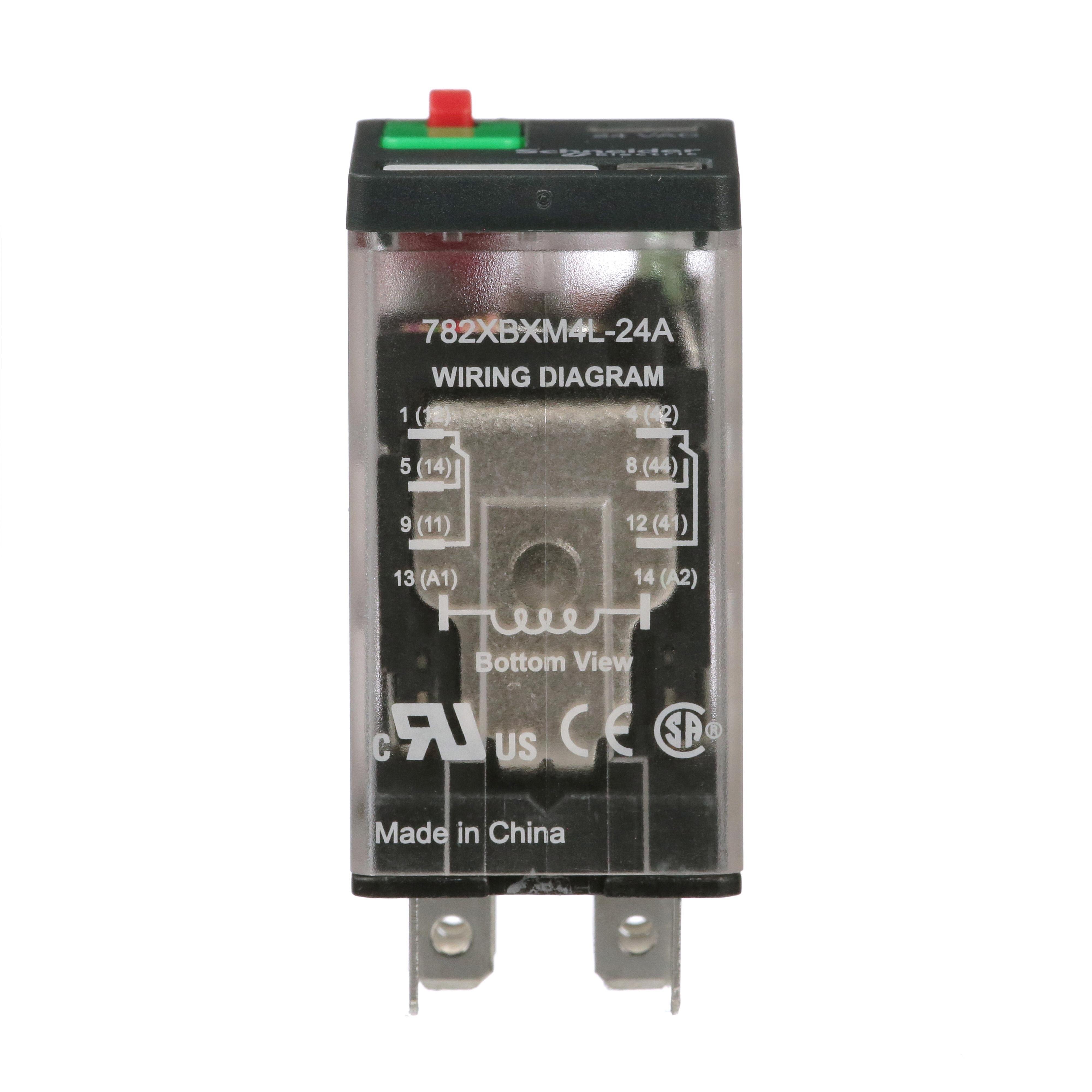 782XBXM4L-24A - Power Relay, General Purpose Relays, DPDT, LED clear cover, lock push button, faston terminals, 15A, 12V DC, 2NO + 2NC