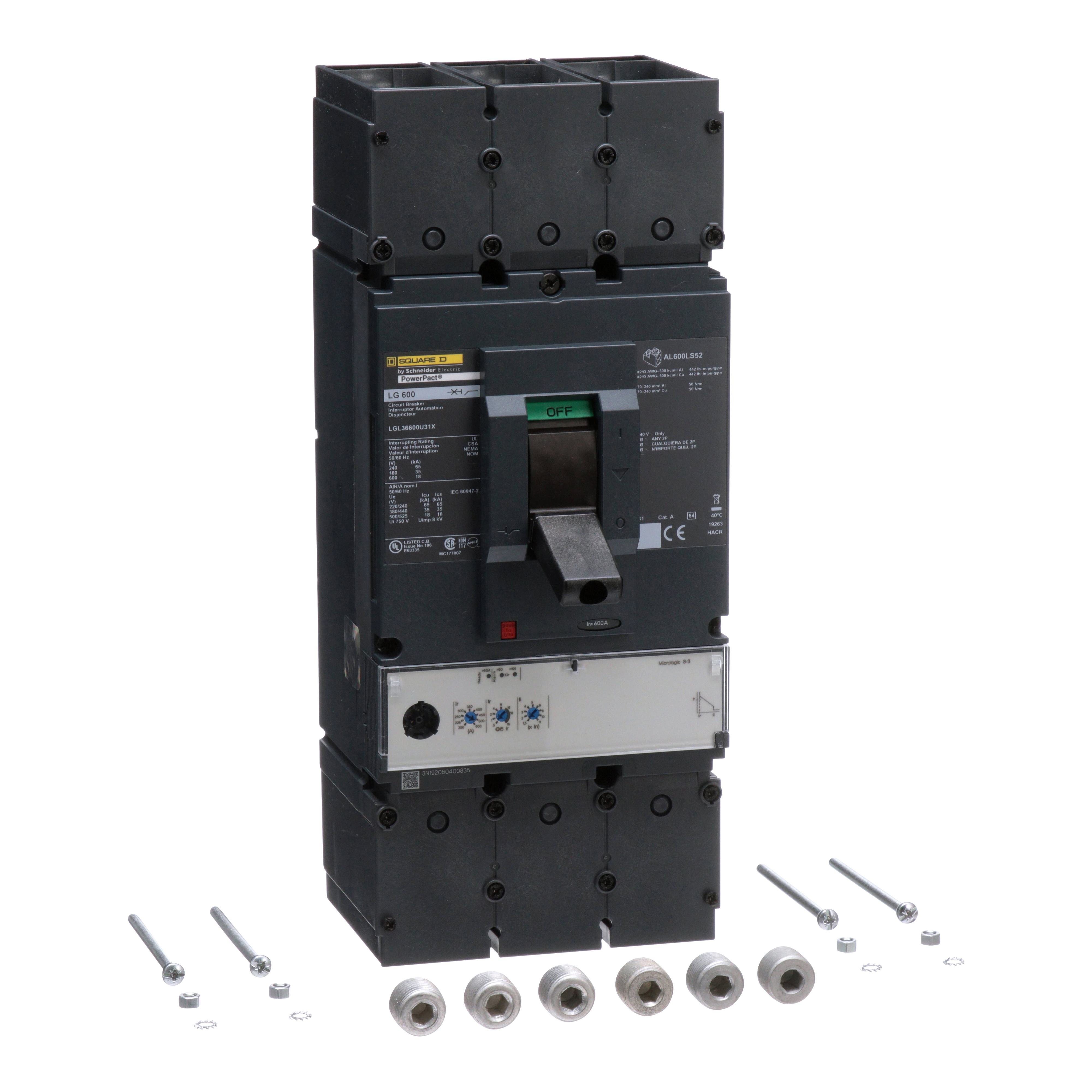 LGL36600U31X - Circuit breaker, PowerPacT L, 600A, 3 pole, 600VAC, 18kA, lugs, MicroLogic 3.3, 80%