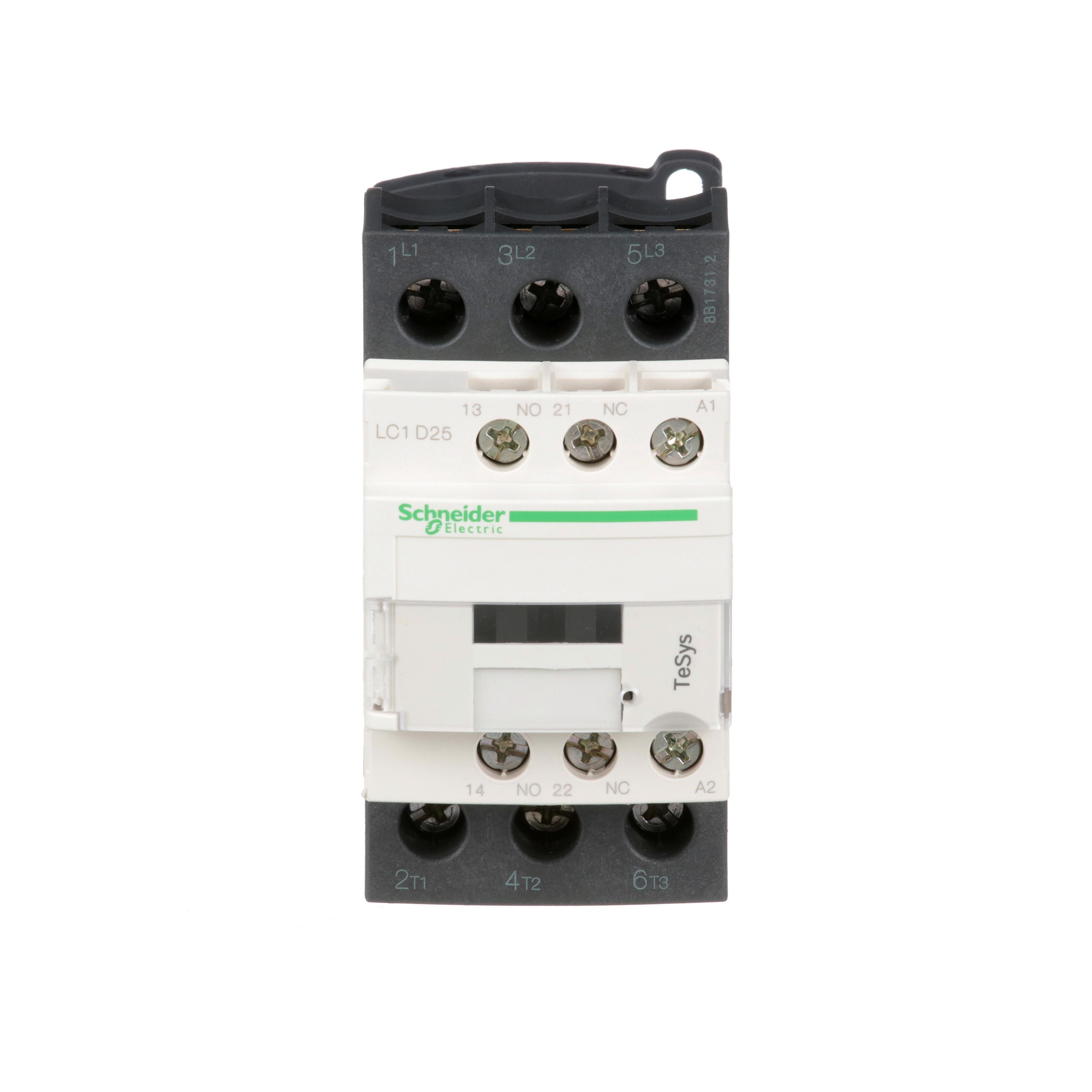 LC1D25B7 - IEC contactor, TeSys Deca, nonreversing, 25A, 15HP at 480VAC, up to 100kA SCCR, 3 phase, 3 NO, 24VAC 50/60Hz coil, open