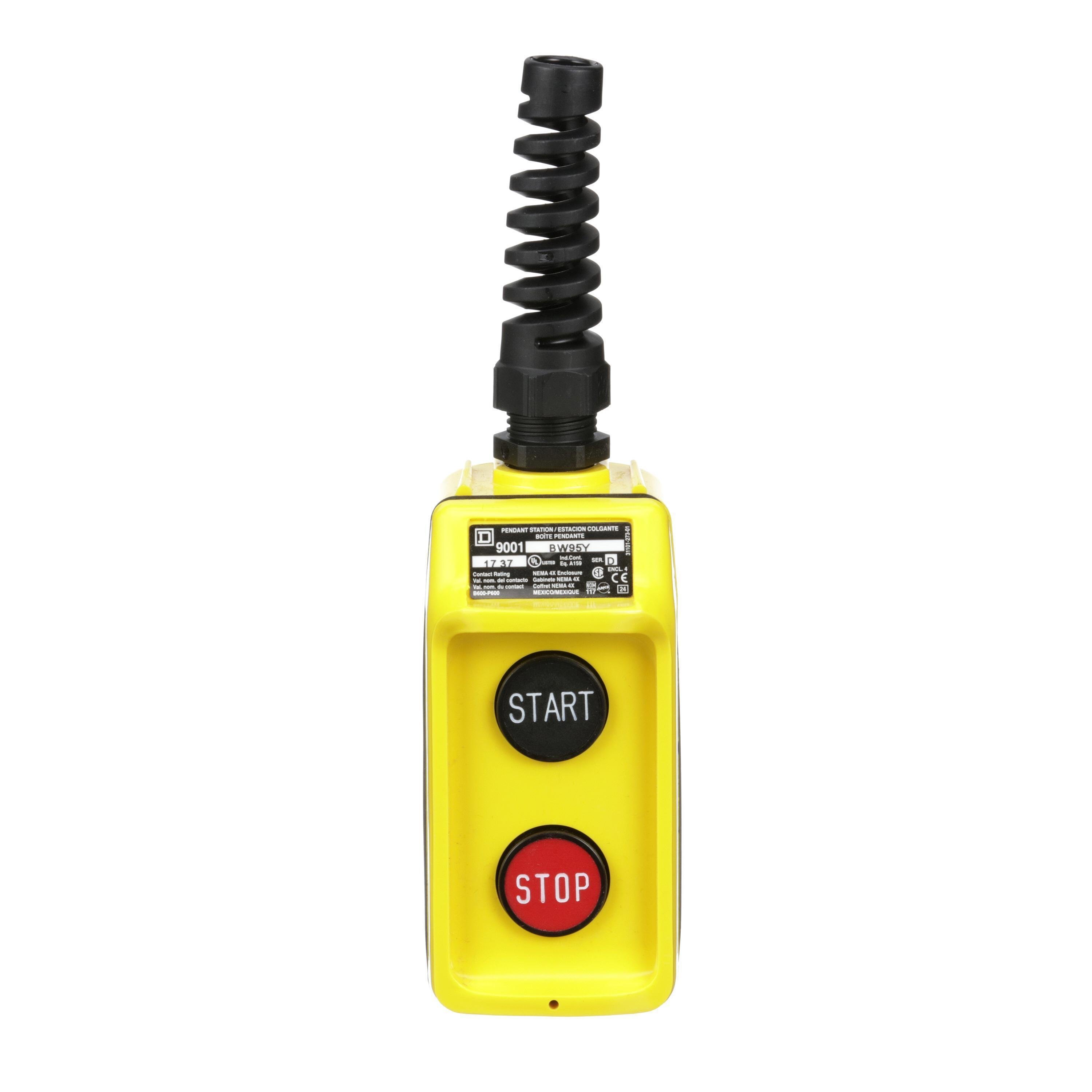 9001BW95Y - Pendant Station, 2 push buttons, not interlocked, NO contacts, START STOP, yellow enclosure, 600 VAC 5 A