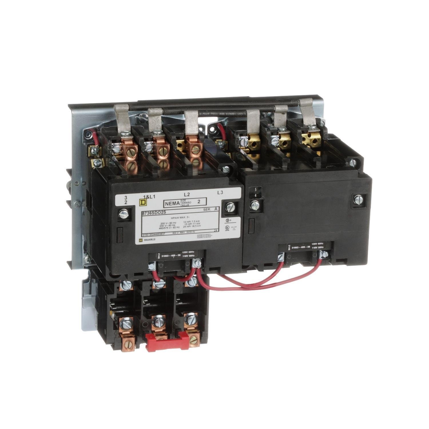 Picture of 8736SDO2V02S - NEMA starter, Type S, reversing, horizontal, Size 2, 45A, 25HP at 575VAC, 5kA SSCR, 3 phase, 3 pole, melting alloy overload, 120VAC coil, open [TAA]