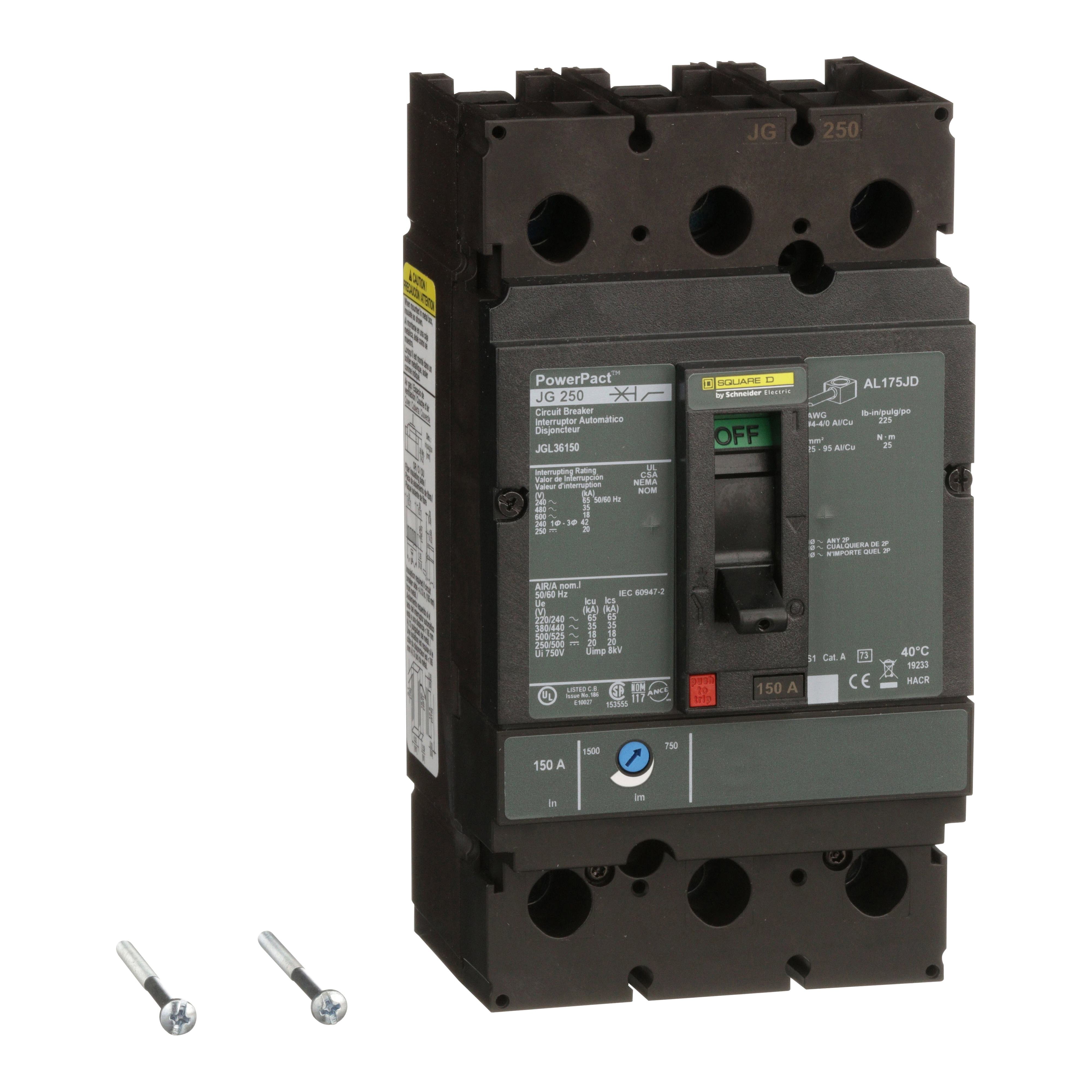 JGL36150 - Circuit breaker, PowerPacT J, 150A, 3 pole, 600VAC, 18kA, lugs, thermal magnetic, 80%